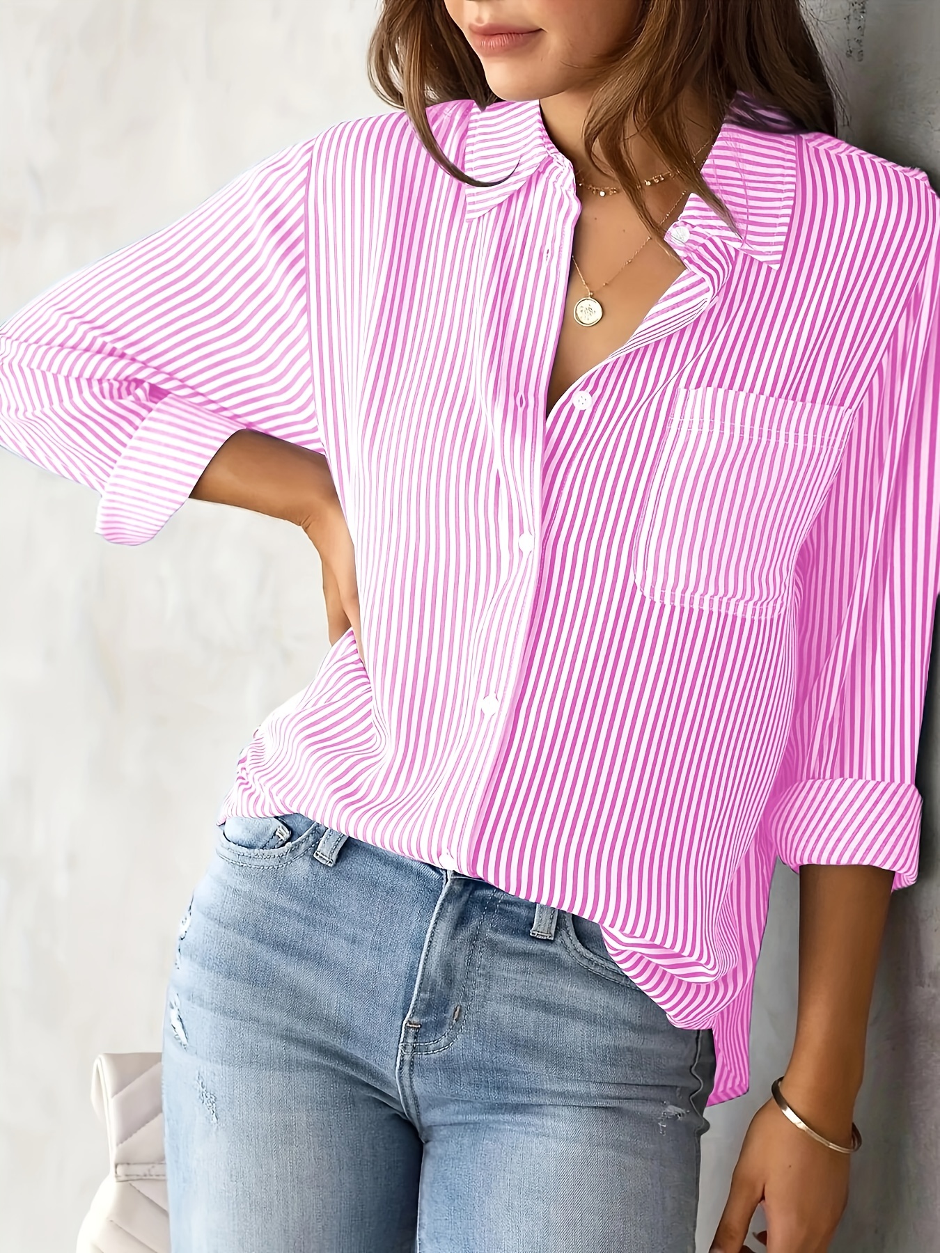 striped print button front shirt casual long sleeve shirt with pocket womens clothing details 1