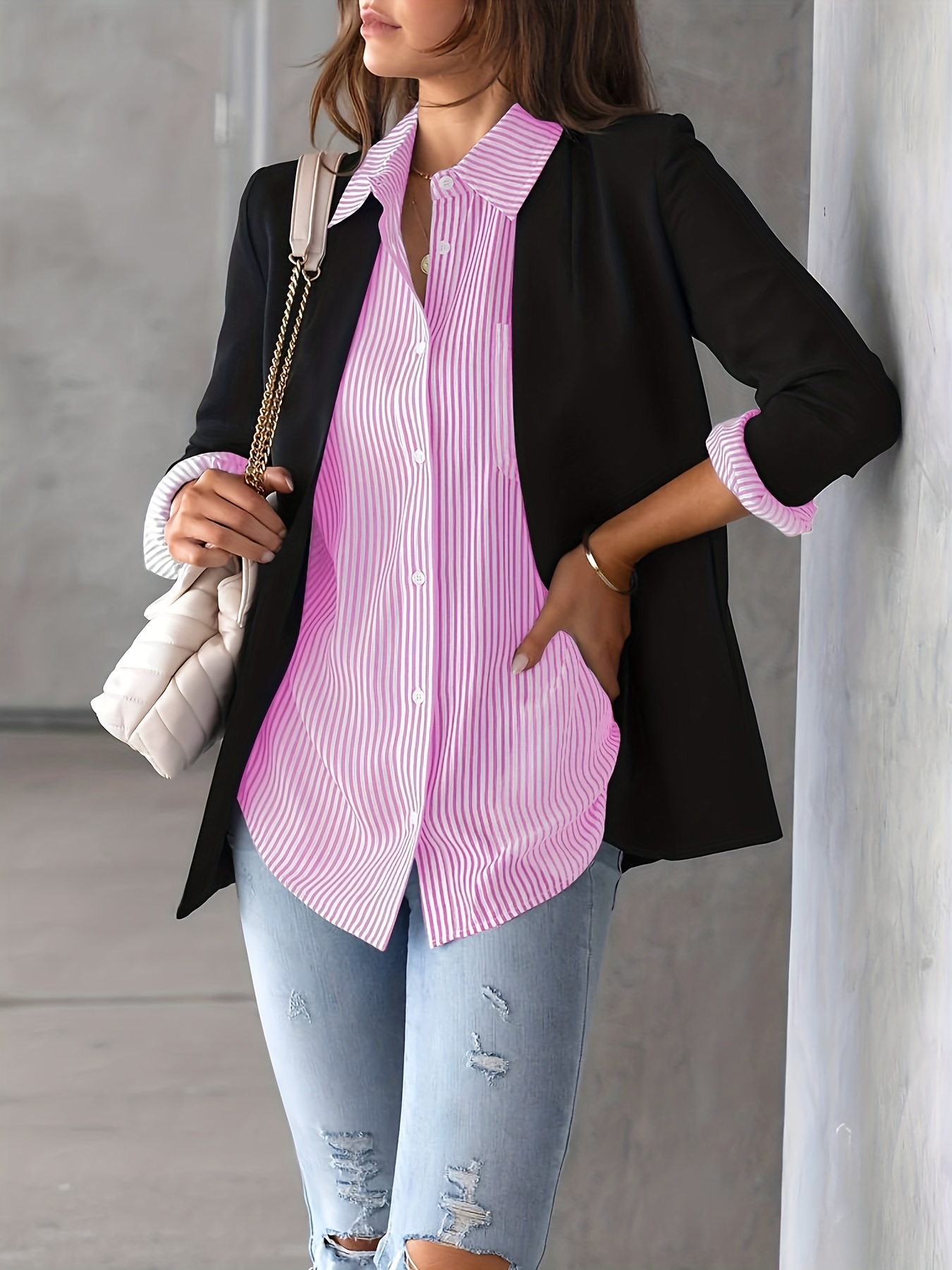 striped print button front shirt casual long sleeve shirt with pocket womens clothing details 4