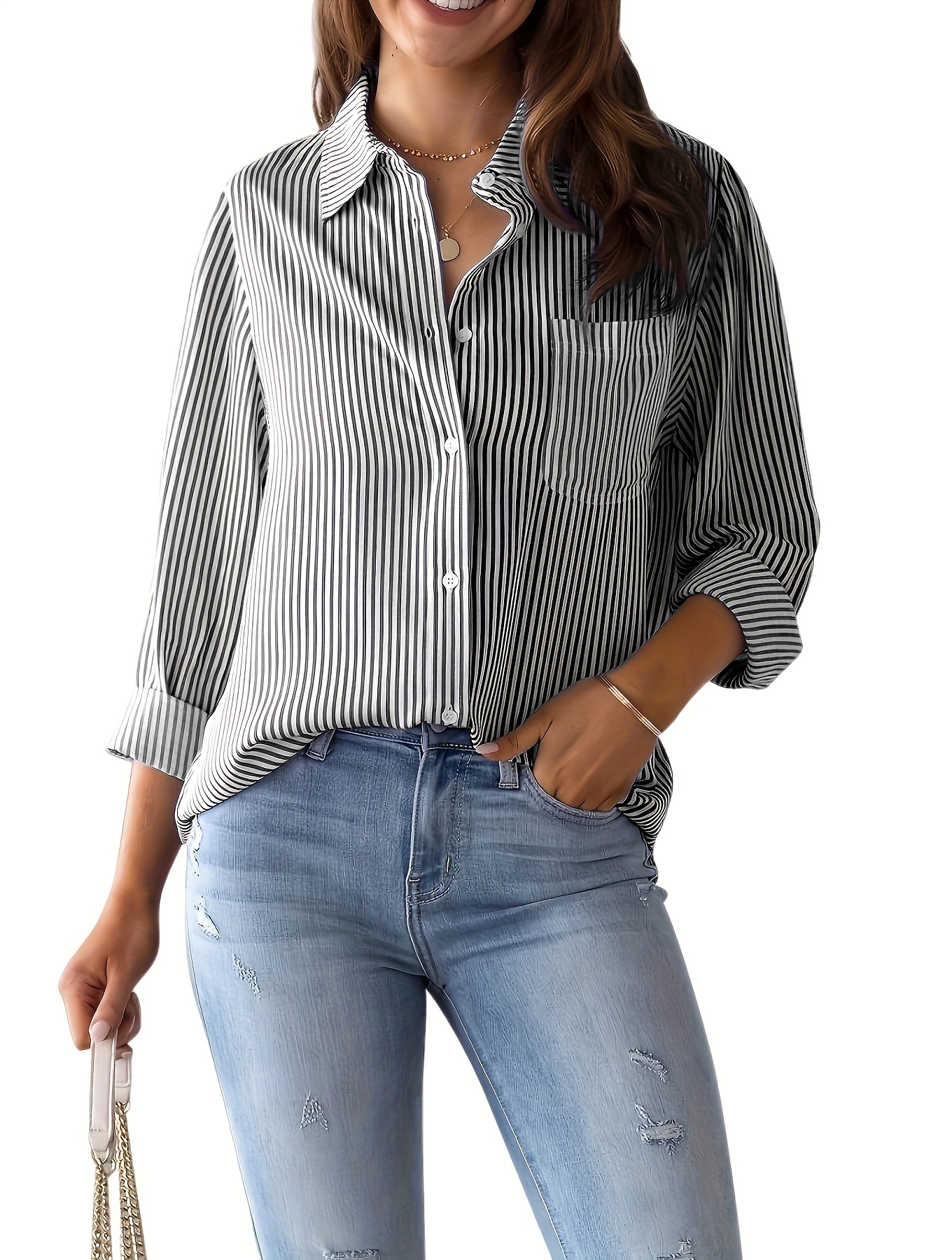 striped print button front shirt casual long sleeve shirt with pocket womens clothing details 5