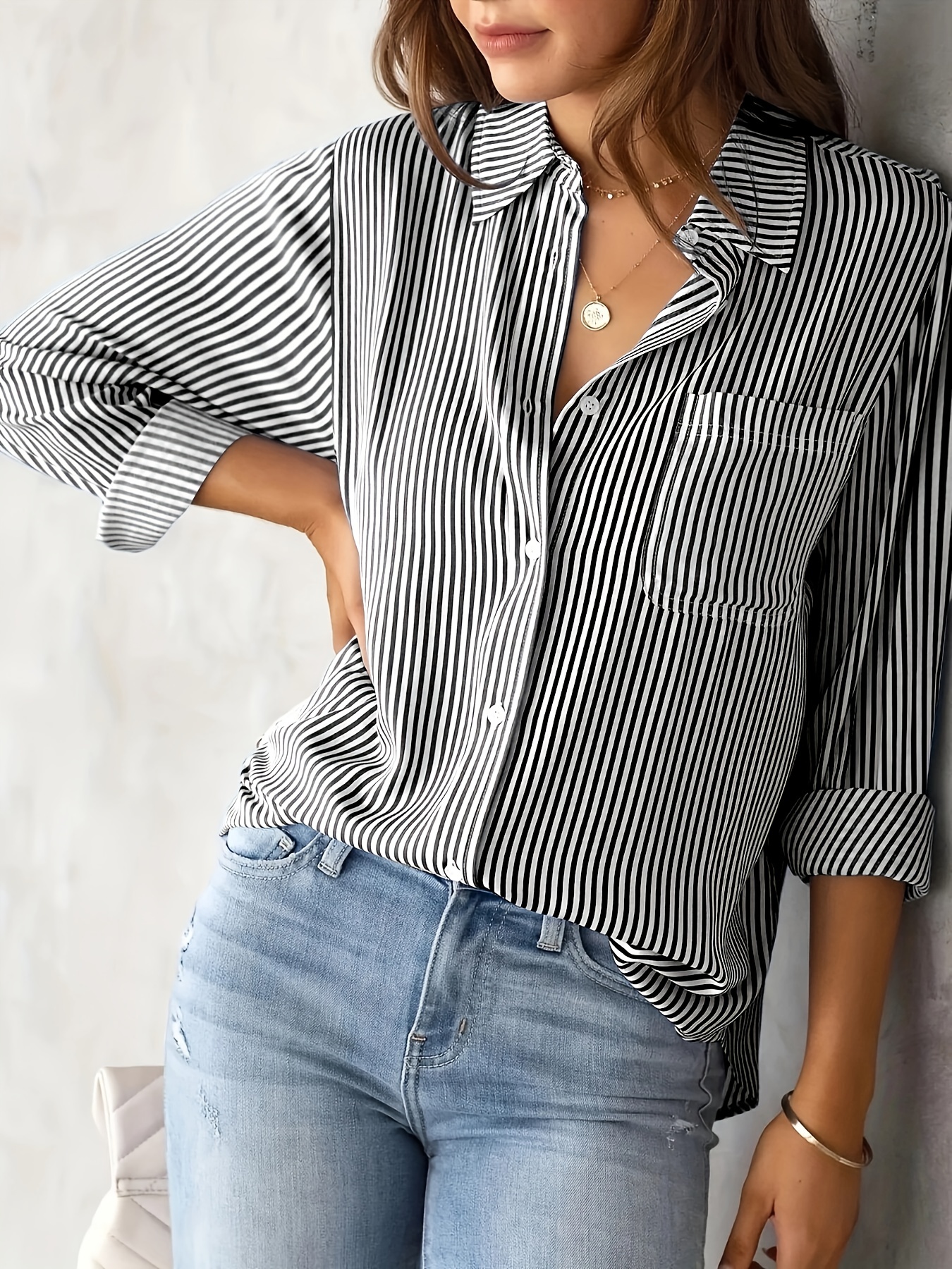 striped print button front shirt casual long sleeve shirt with pocket womens clothing details 6