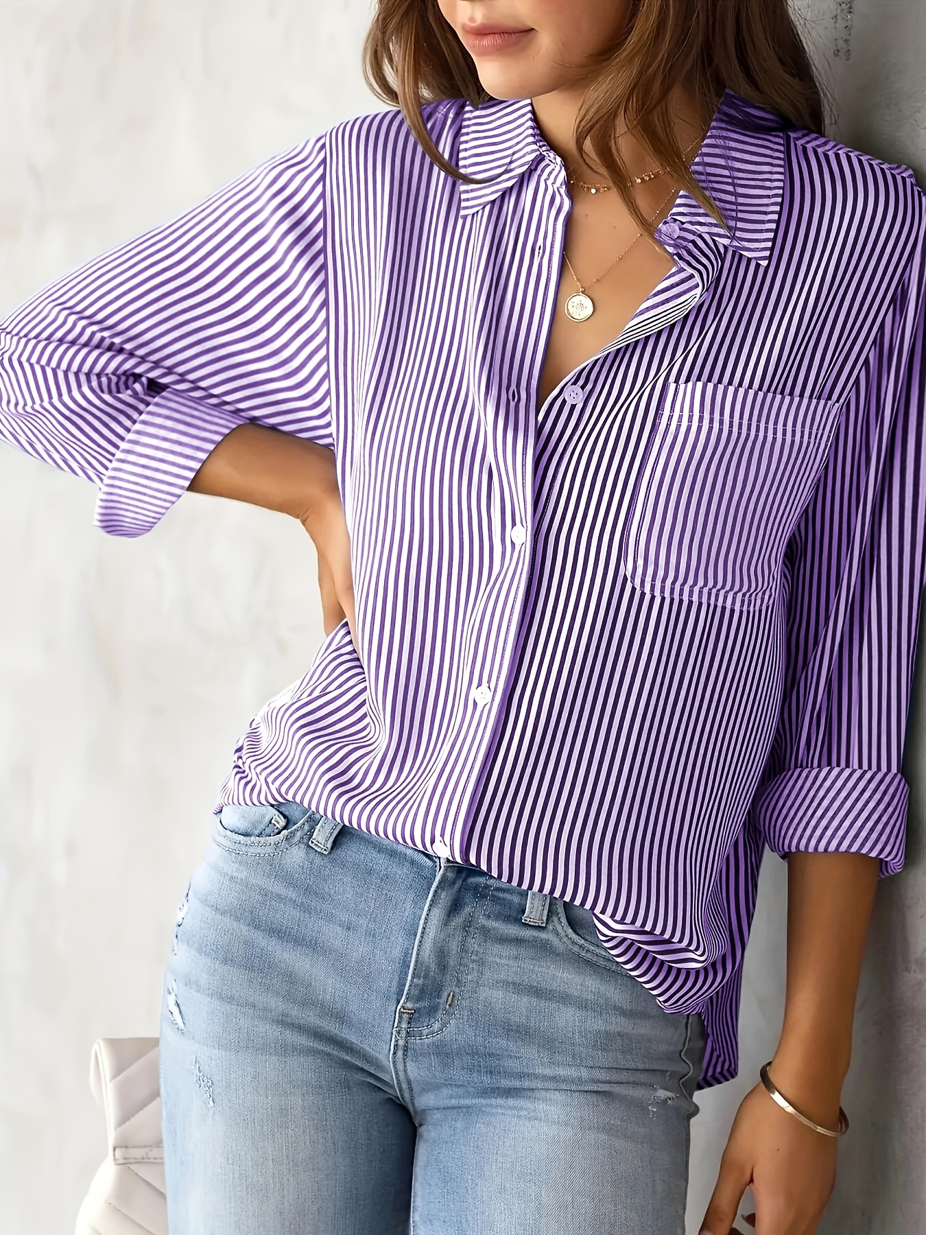 striped print button front shirt casual long sleeve shirt with pocket womens clothing details 11