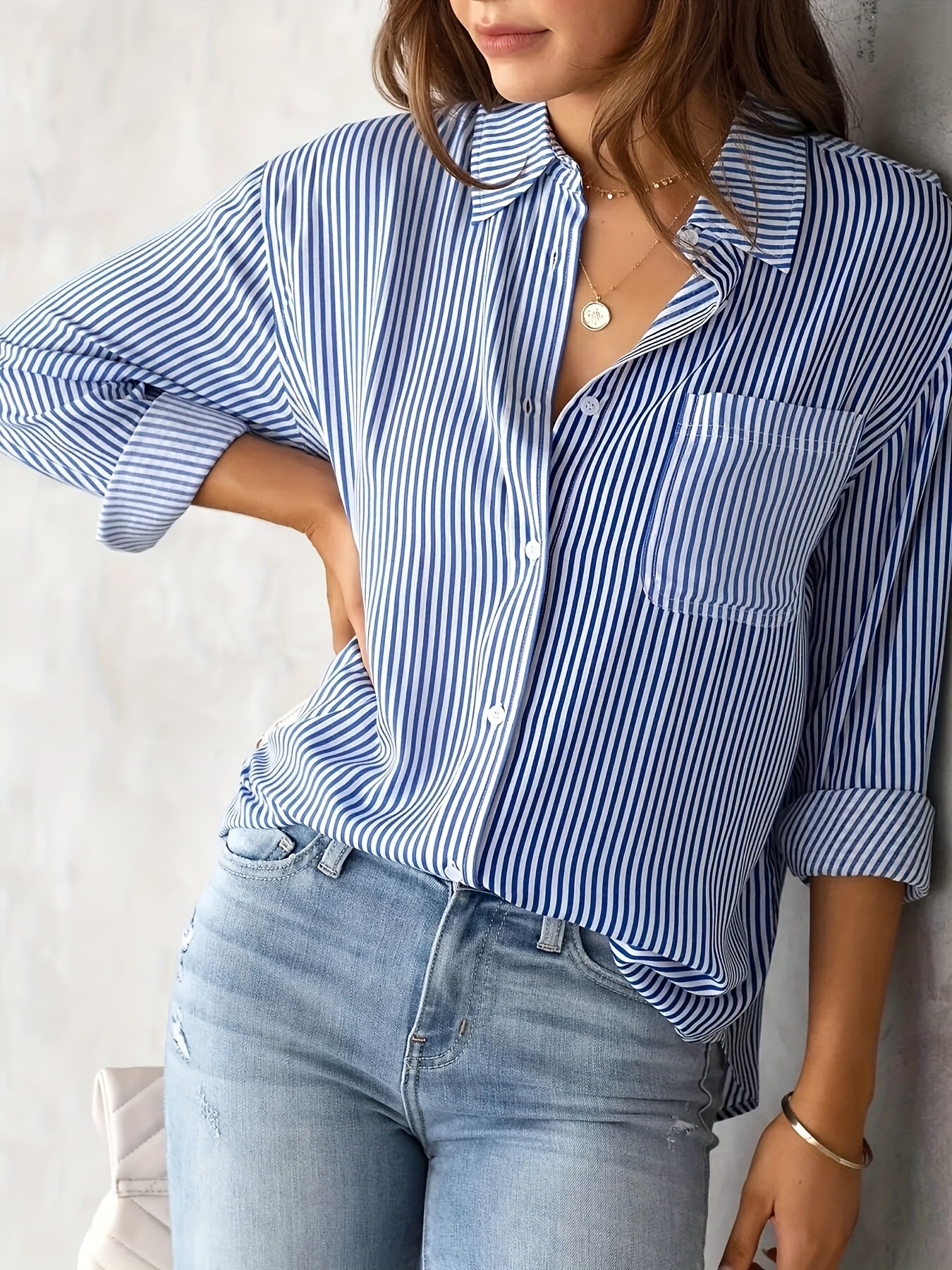 striped print button front shirt casual long sleeve shirt with pocket womens clothing details 16