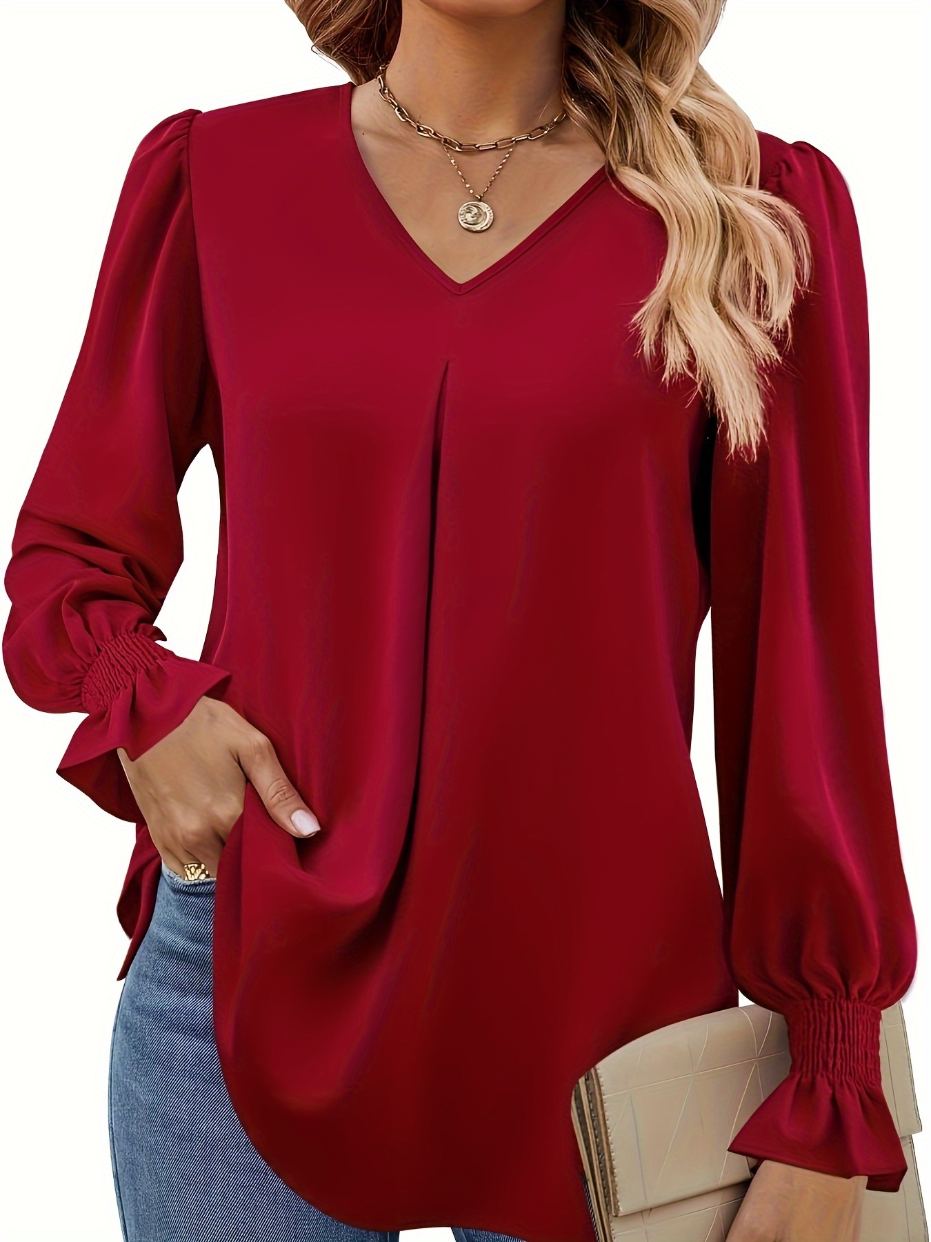 solid v neck simple blouse elegant long sleeve ruched blouse womens clothing details 5