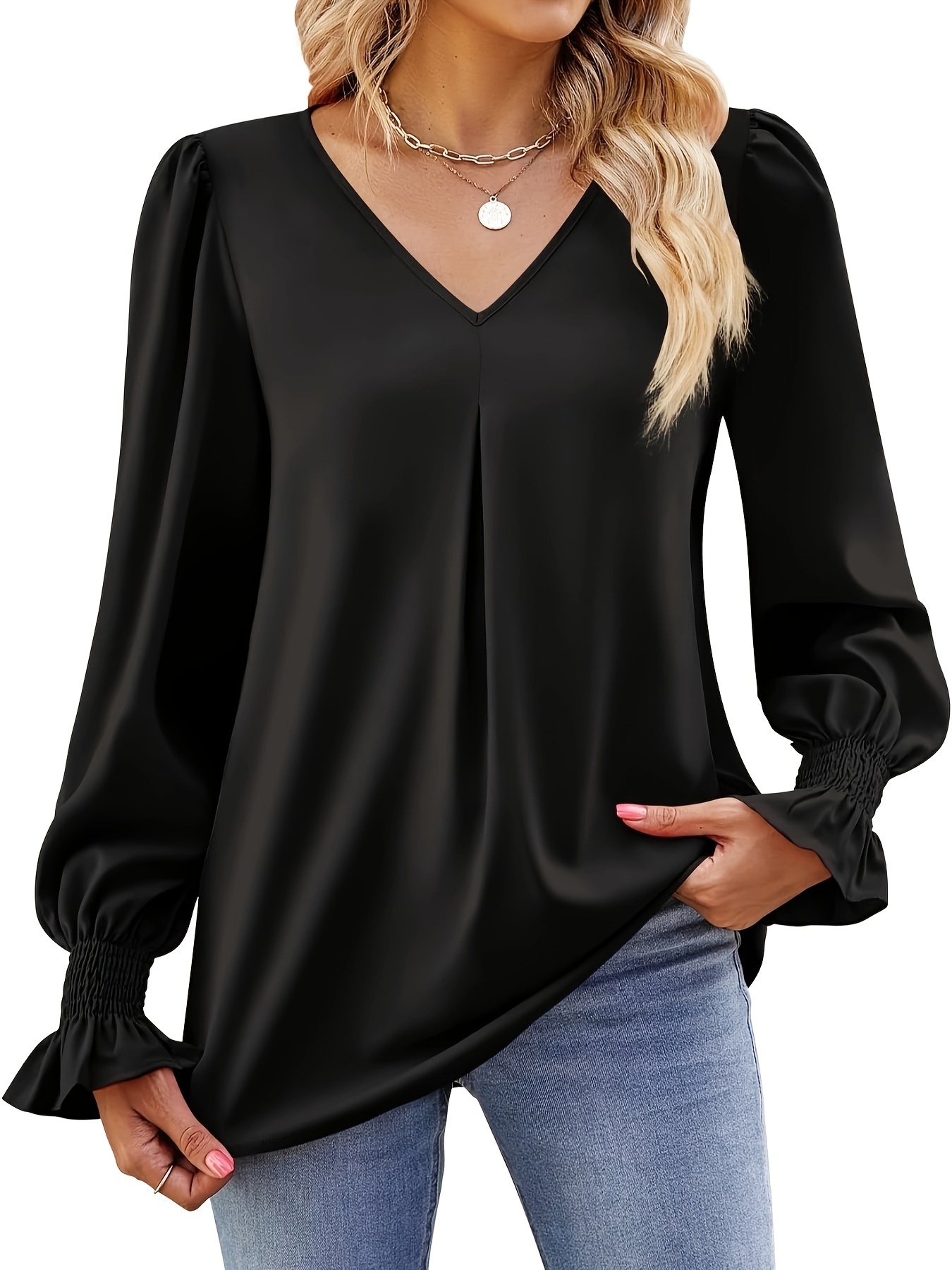 solid v neck simple blouse elegant long sleeve ruched blouse womens clothing details 7