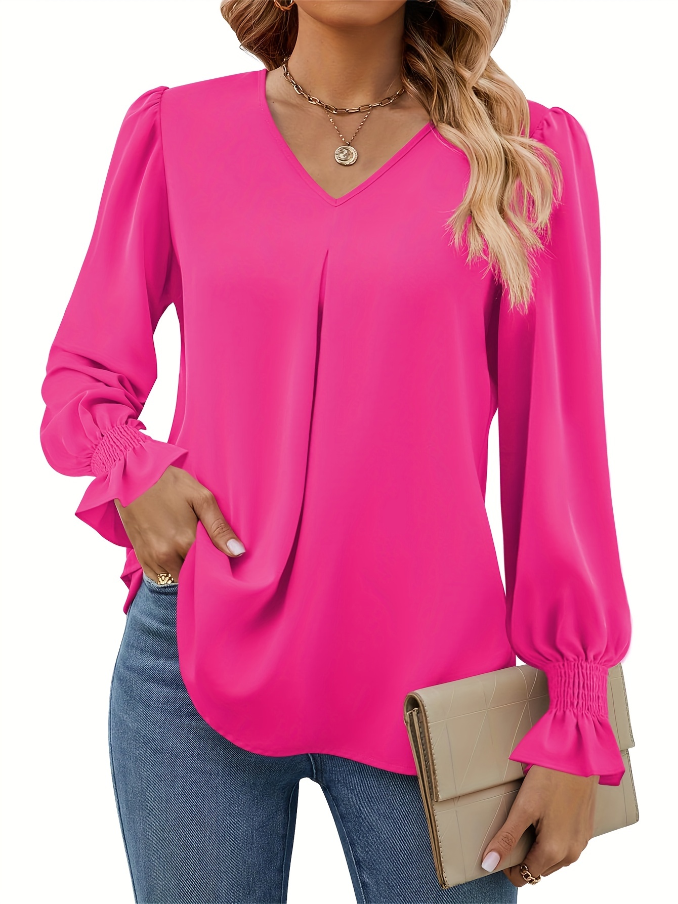 solid v neck simple blouse elegant long sleeve ruched blouse womens clothing details 15