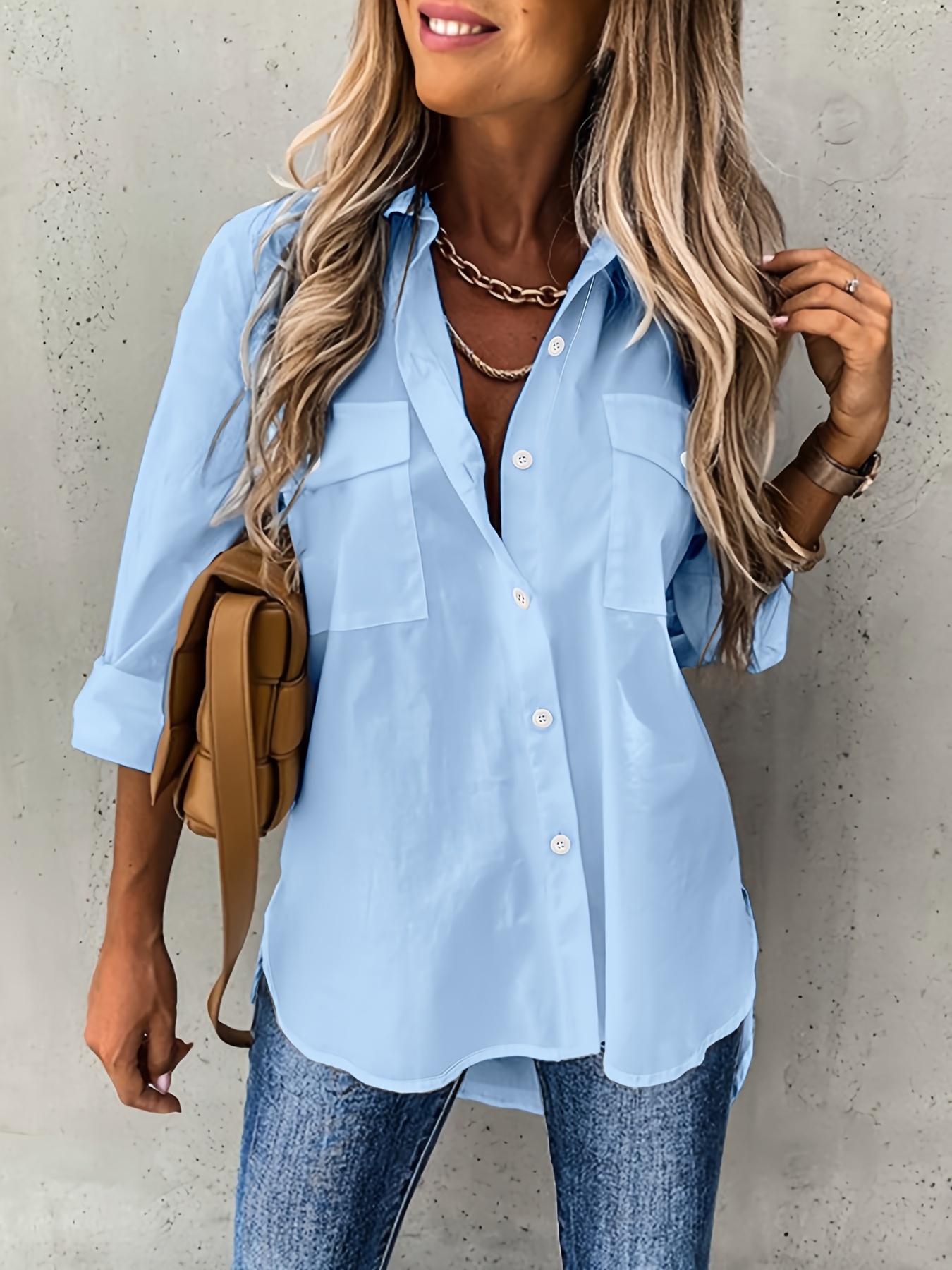 button front long sleeve shirt casual solid office shirt with collar womens clothing details 0