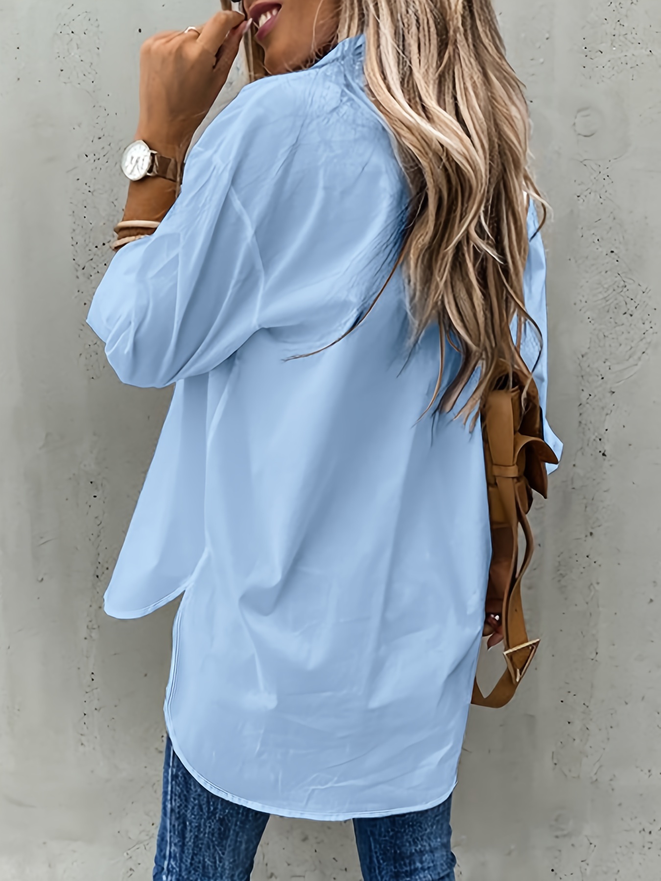 button front long sleeve shirt casual solid office shirt with collar womens clothing details 1