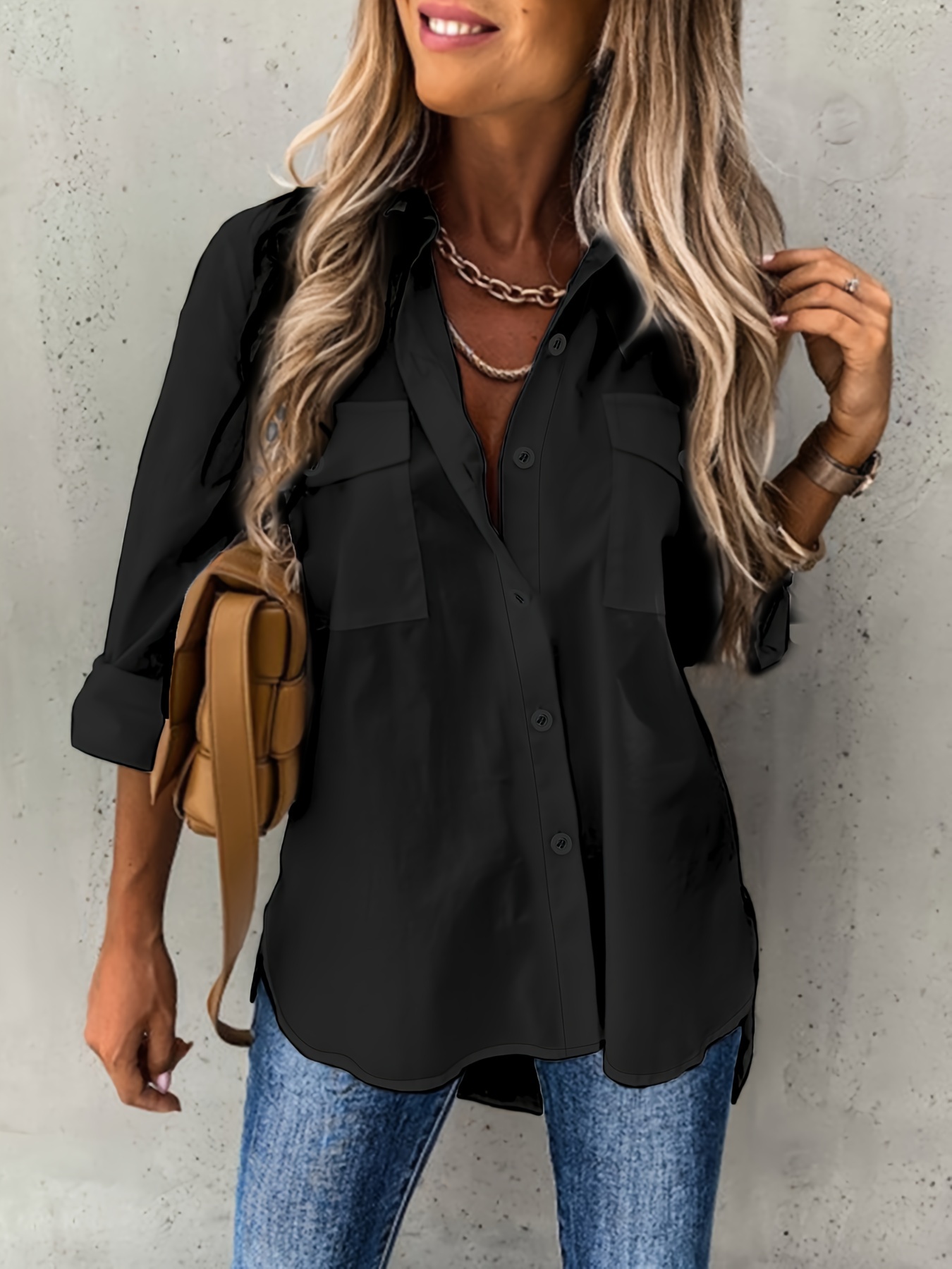button front long sleeve shirt casual solid office shirt with collar womens clothing details 3