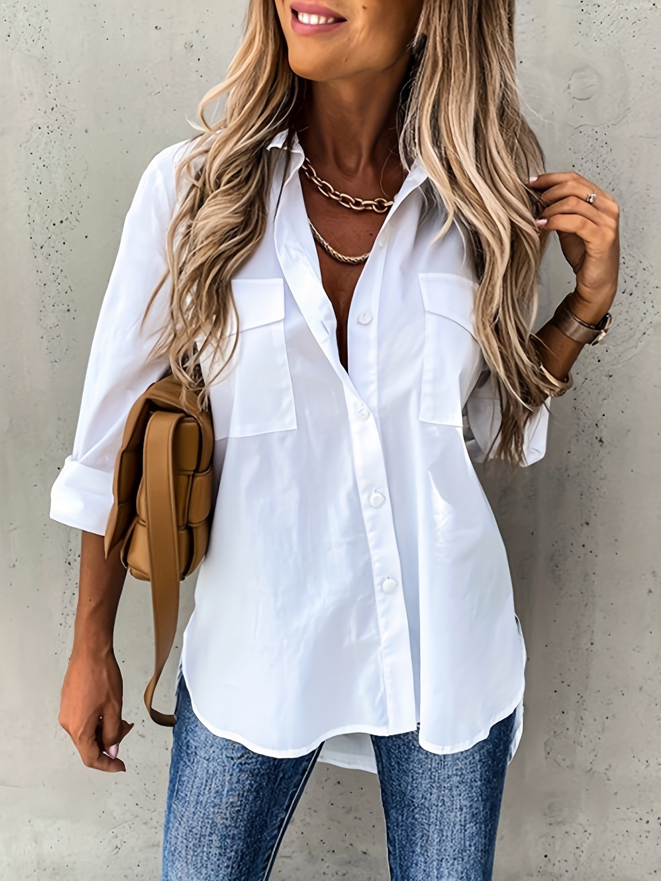 button front long sleeve shirt casual solid office shirt with collar womens clothing details 7