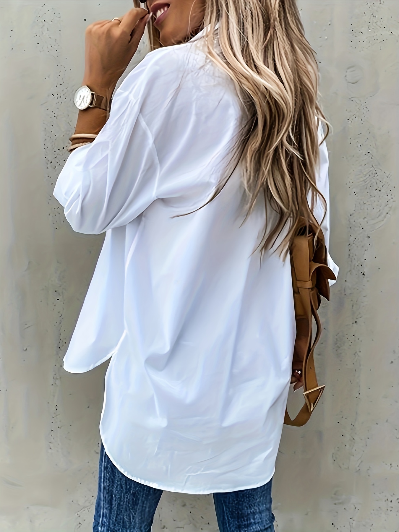 button front long sleeve shirt casual solid office shirt with collar womens clothing details 8