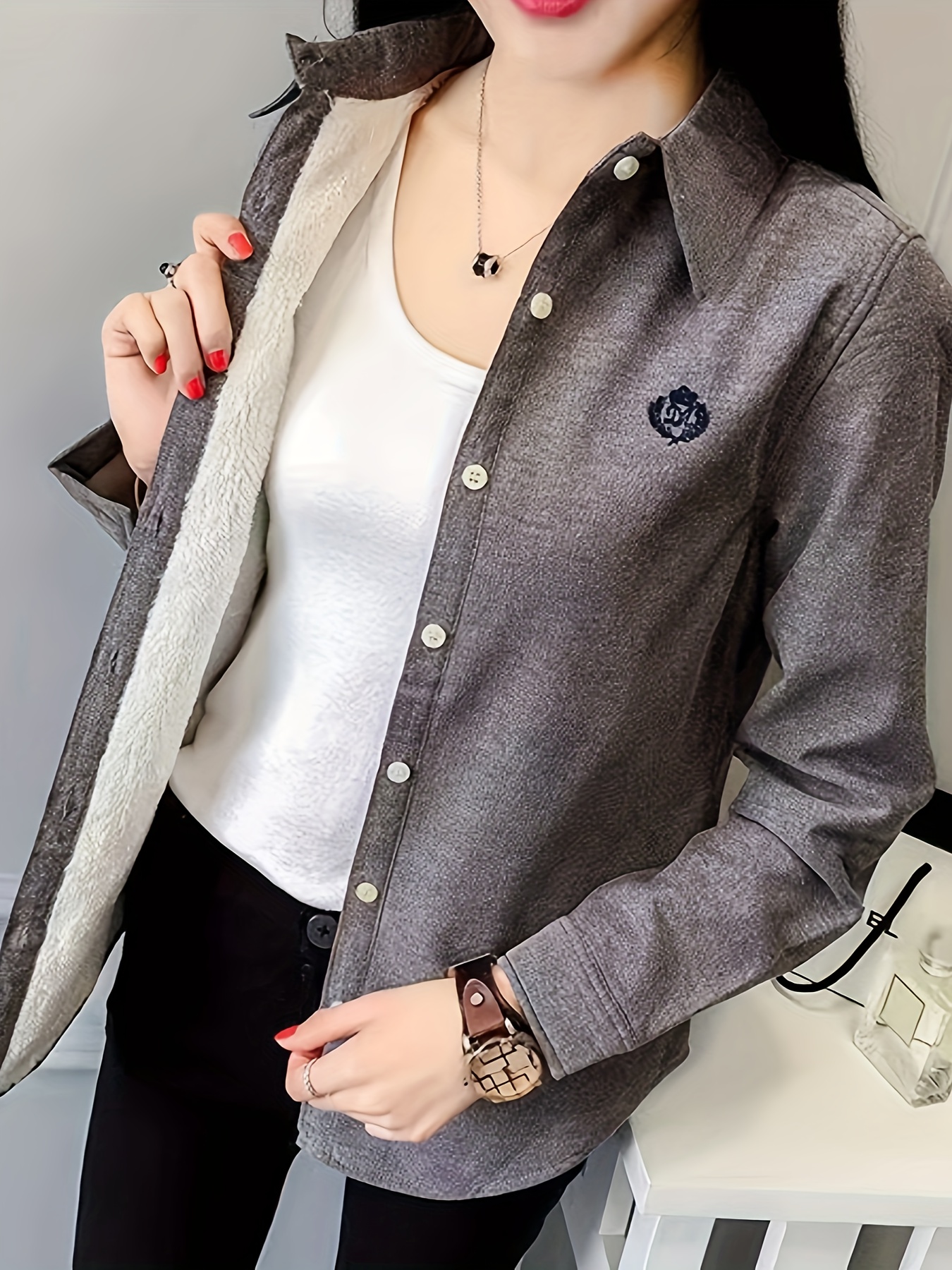 button front embroidered shirt casual long sleeve shirt for fall winter womens clothing details 1