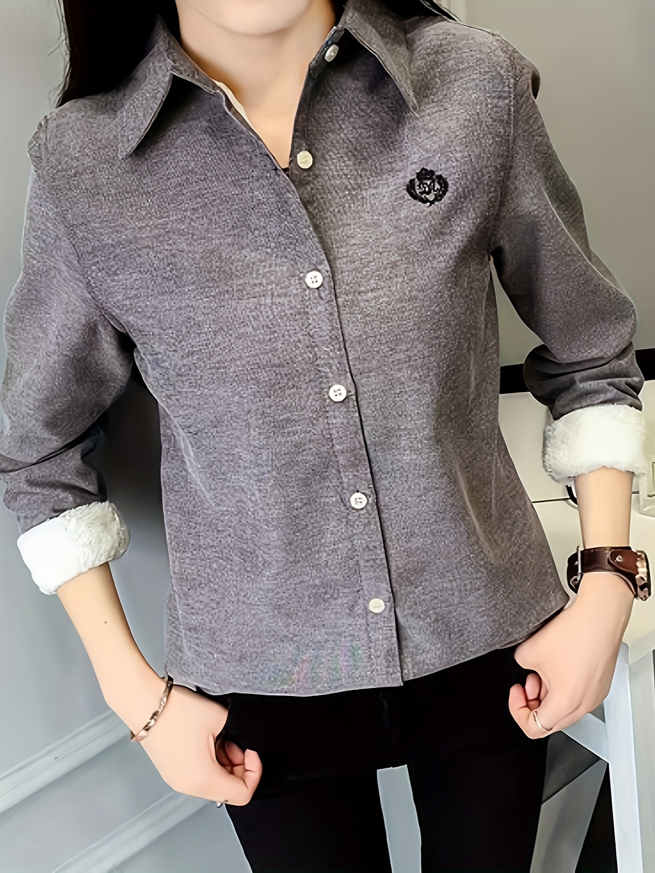 button front embroidered shirt casual long sleeve shirt for fall winter womens clothing details 2