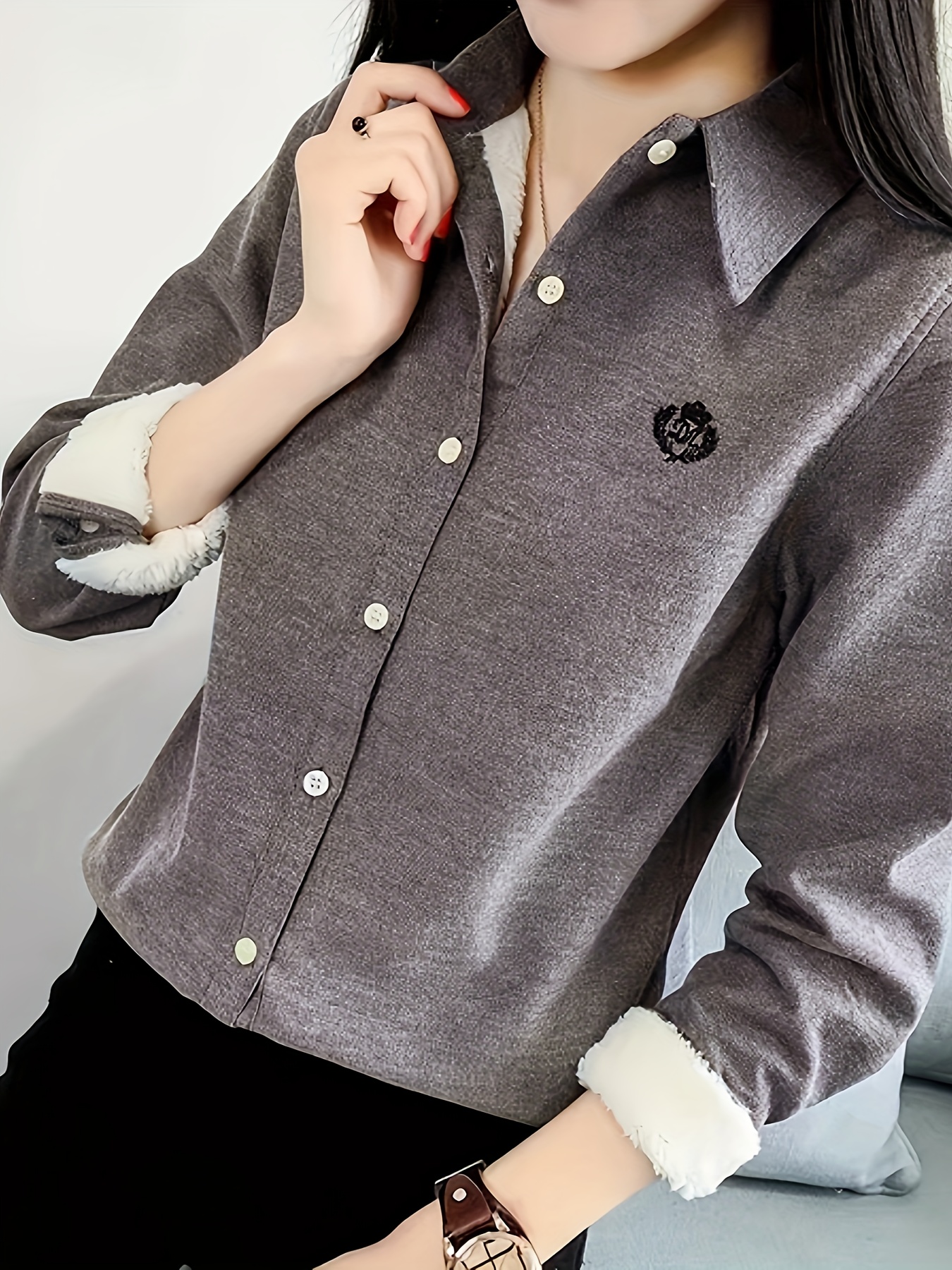 button front embroidered shirt casual long sleeve shirt for fall winter womens clothing details 3