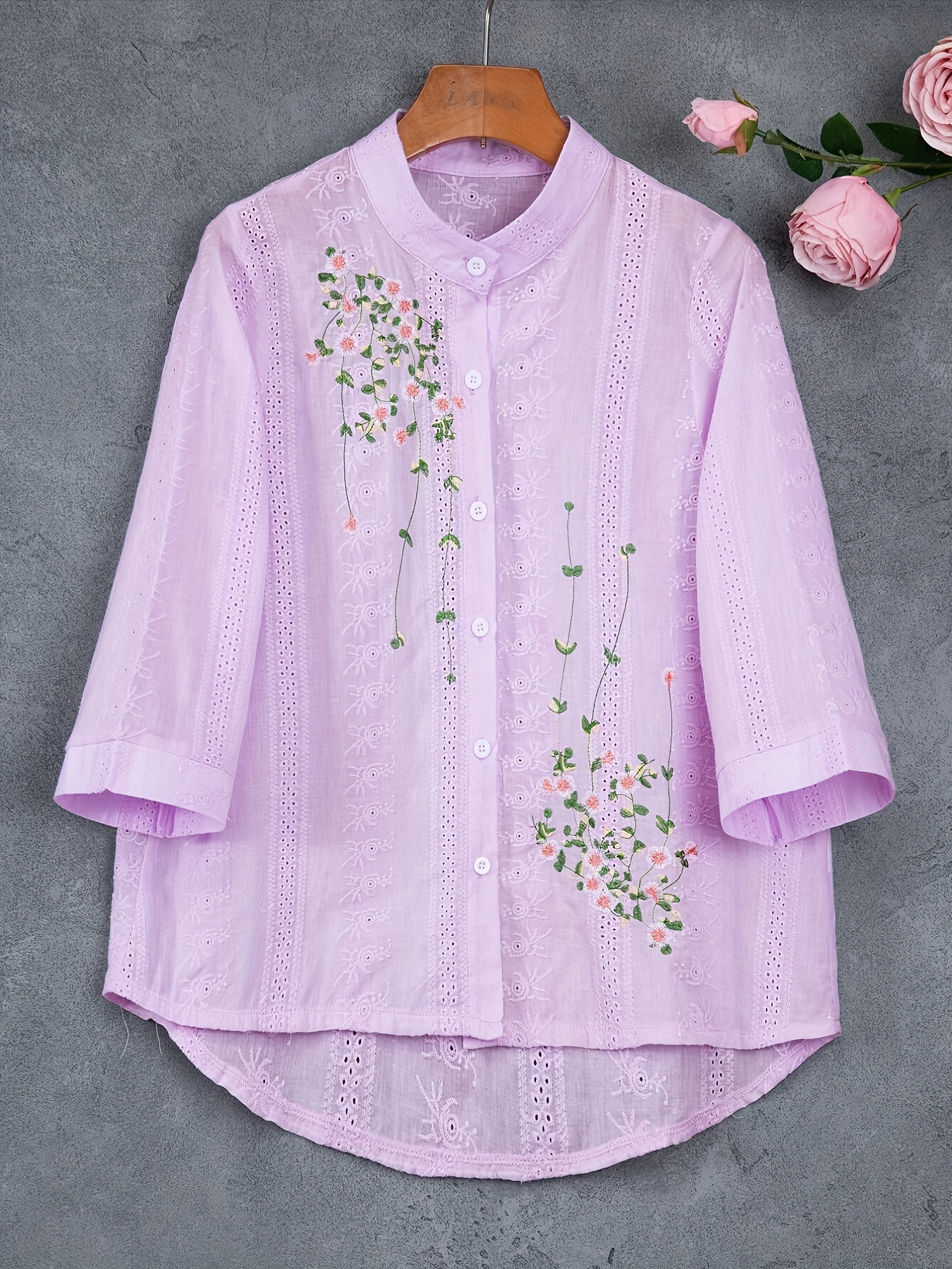 eyelet floral blouse elegant button front blouse for spring summer womens clothing details 0
