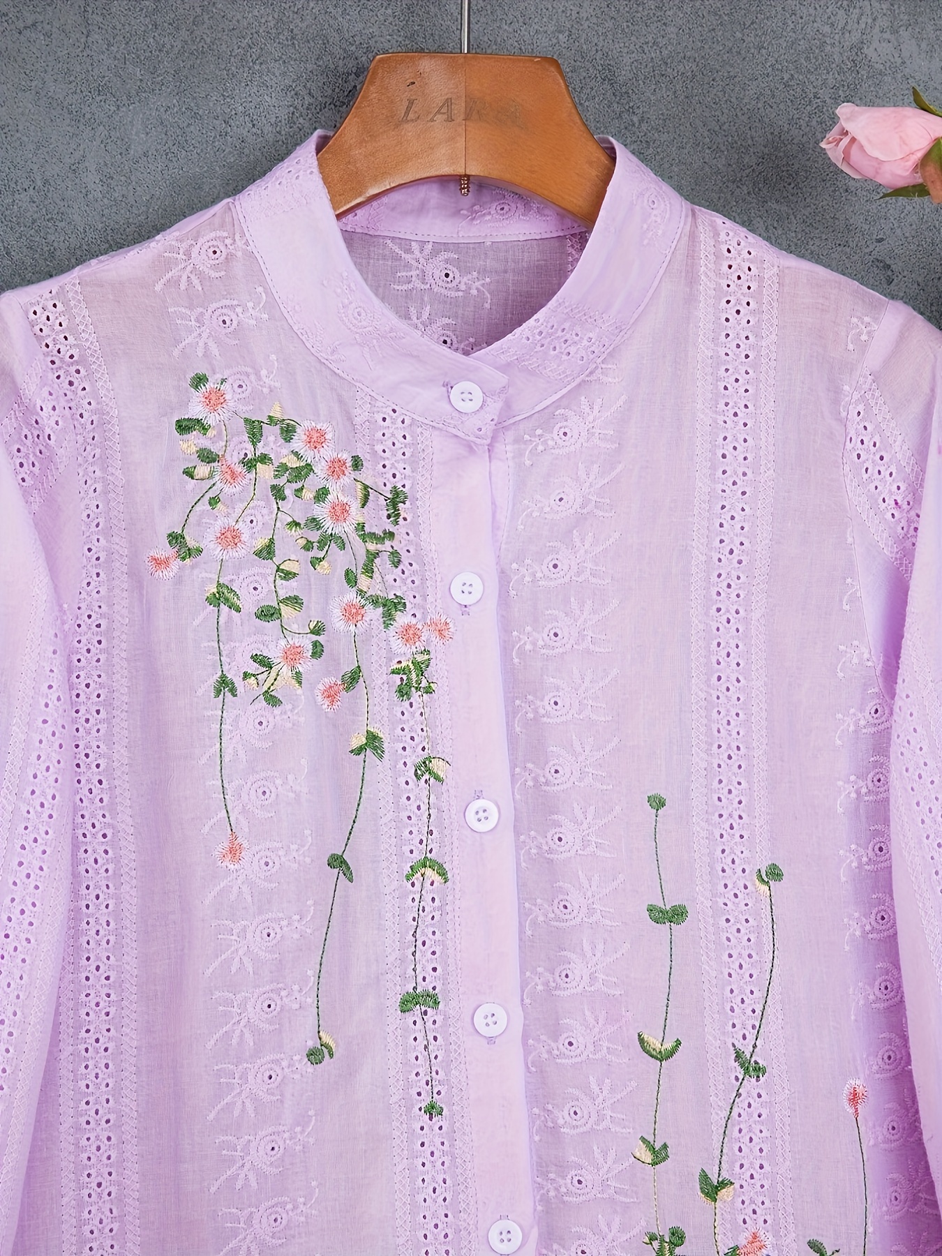 eyelet floral blouse elegant button front blouse for spring summer womens clothing details 2