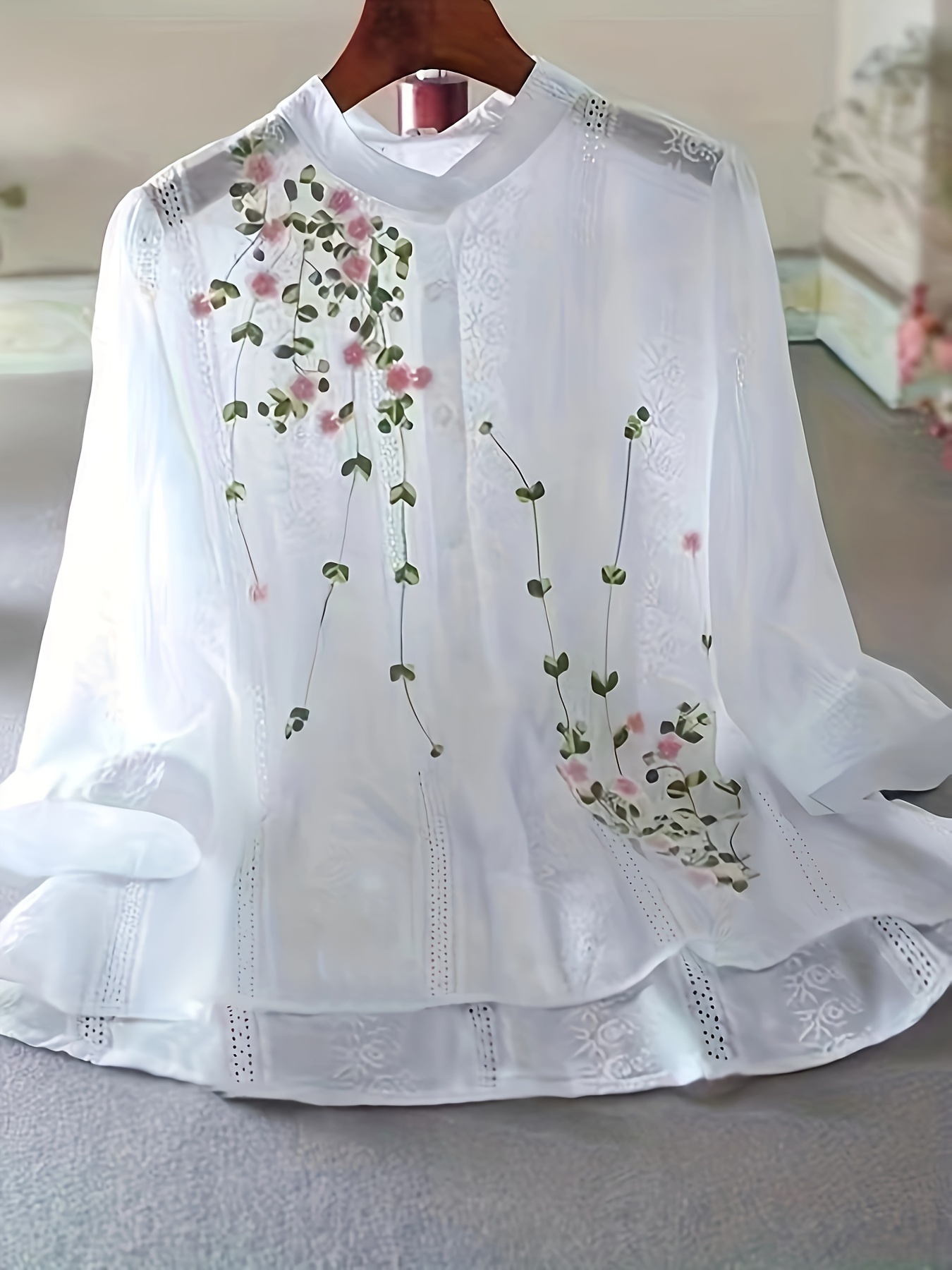eyelet floral blouse elegant button front blouse for spring summer womens clothing details 6