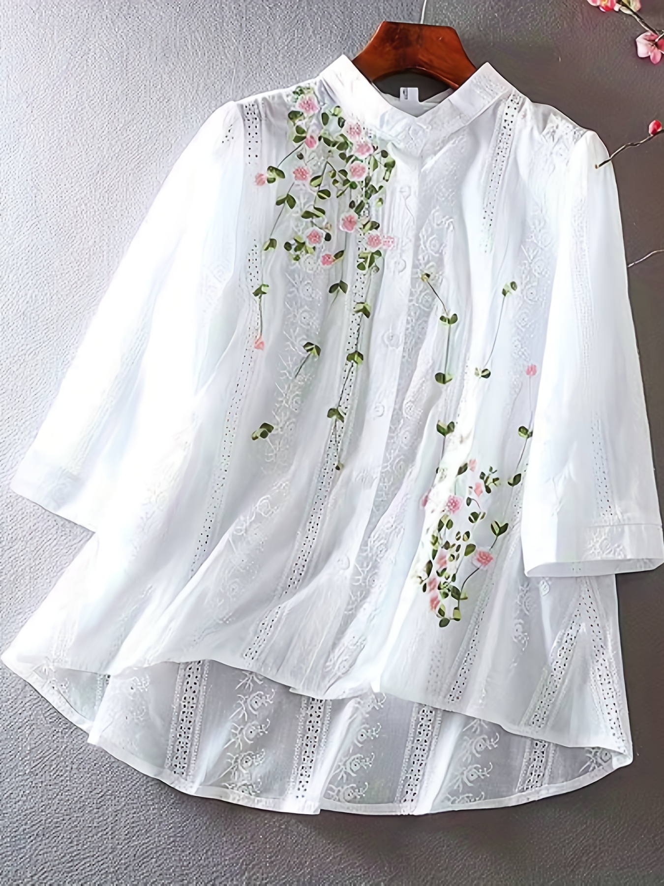 eyelet floral blouse elegant button front blouse for spring summer womens clothing details 7