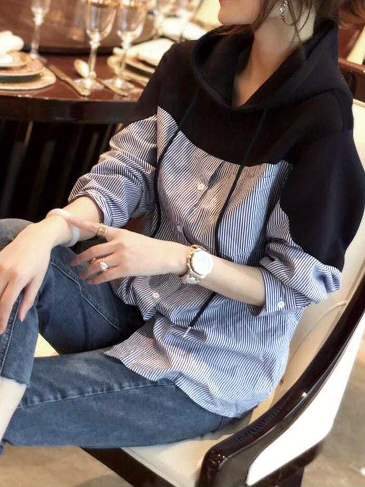patchwork striped print button hoodie casual cuff sleeve drawstring hoodies sweatshirt womens clothing details 3