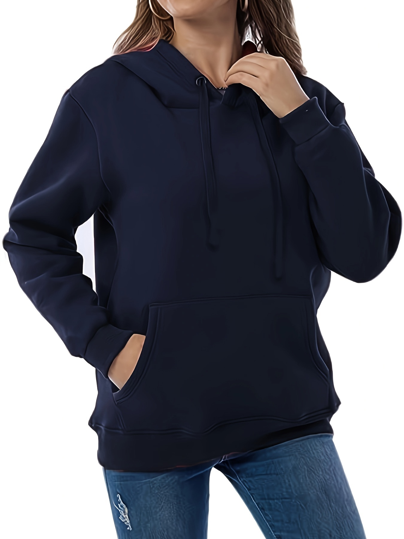 solid kangaroo pocket hoodie casual long sleeve hoodie for fall winter womens clothing details 2