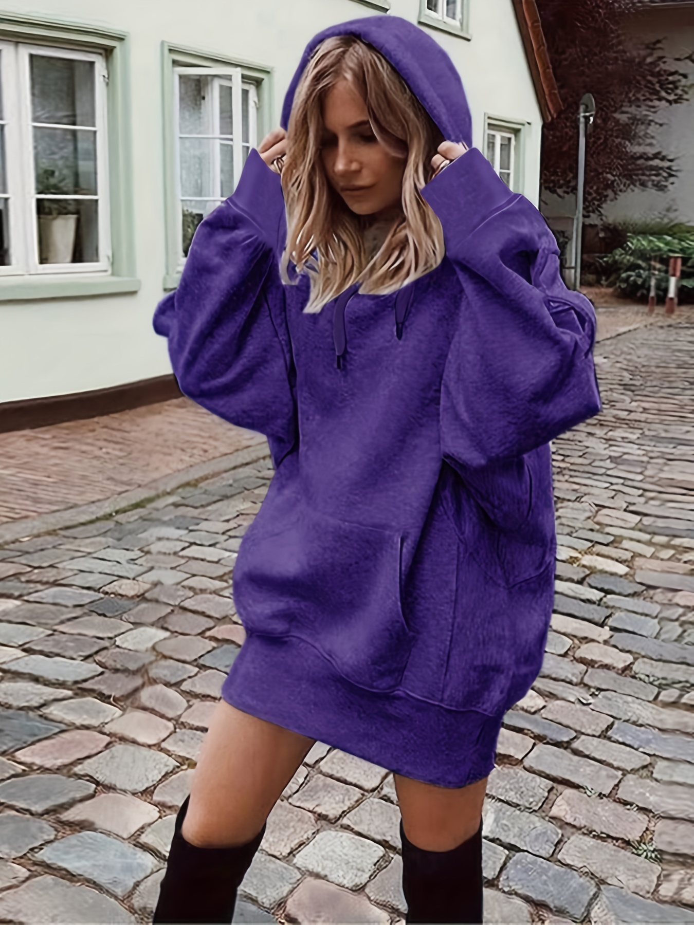 solid color kangaroo pocket hoodie casual long sleeve thigh length drawstring hoodie sweatshirt womens clothing details 15