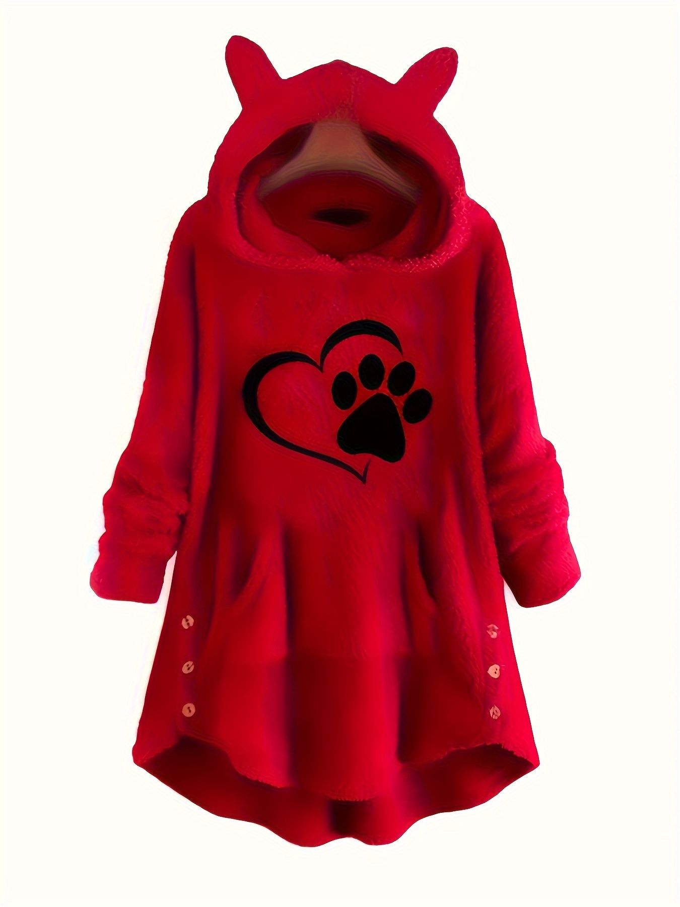 dog paw heart print fuzzy hoodie cute cat ear button winter sweatshirt womens clothing details 0
