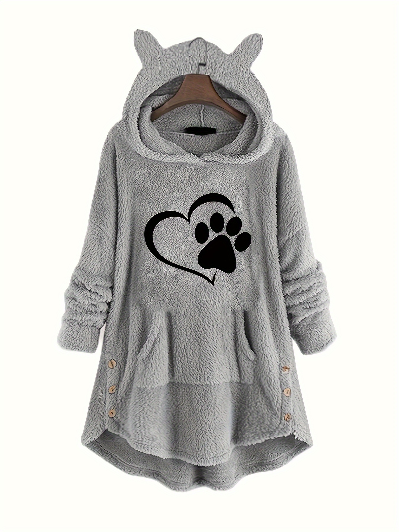 dog paw heart print fuzzy hoodie cute cat ear button winter sweatshirt womens clothing details 1