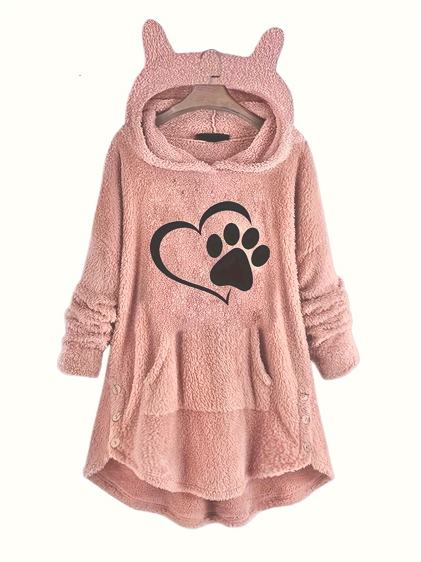 dog paw heart print fuzzy hoodie cute cat ear button winter sweatshirt womens clothing details 2