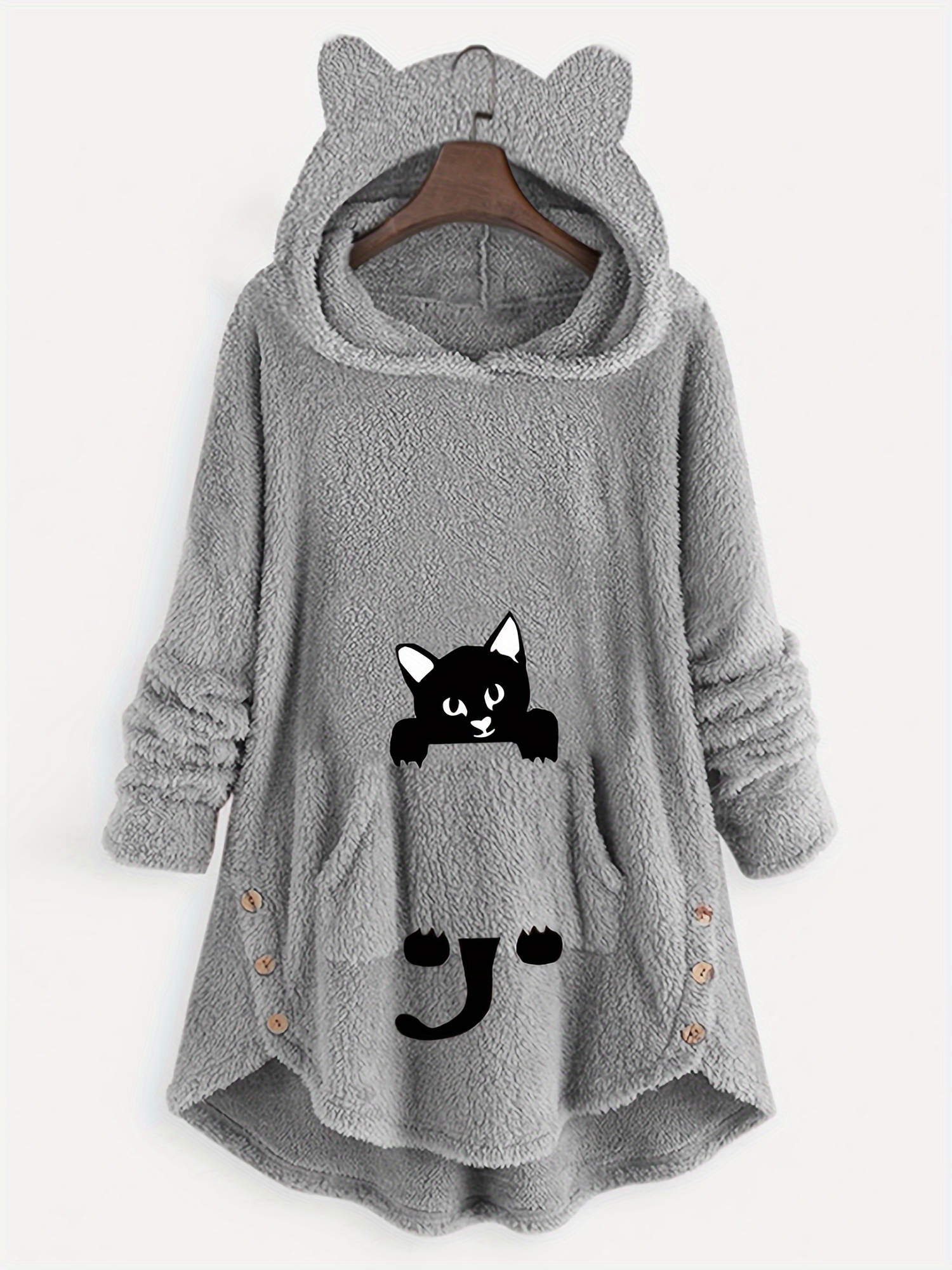 fuzzy cat ear hoodie loose oversized front pocket hooded sweater loungewear casual tops for winter womens clothing details 1