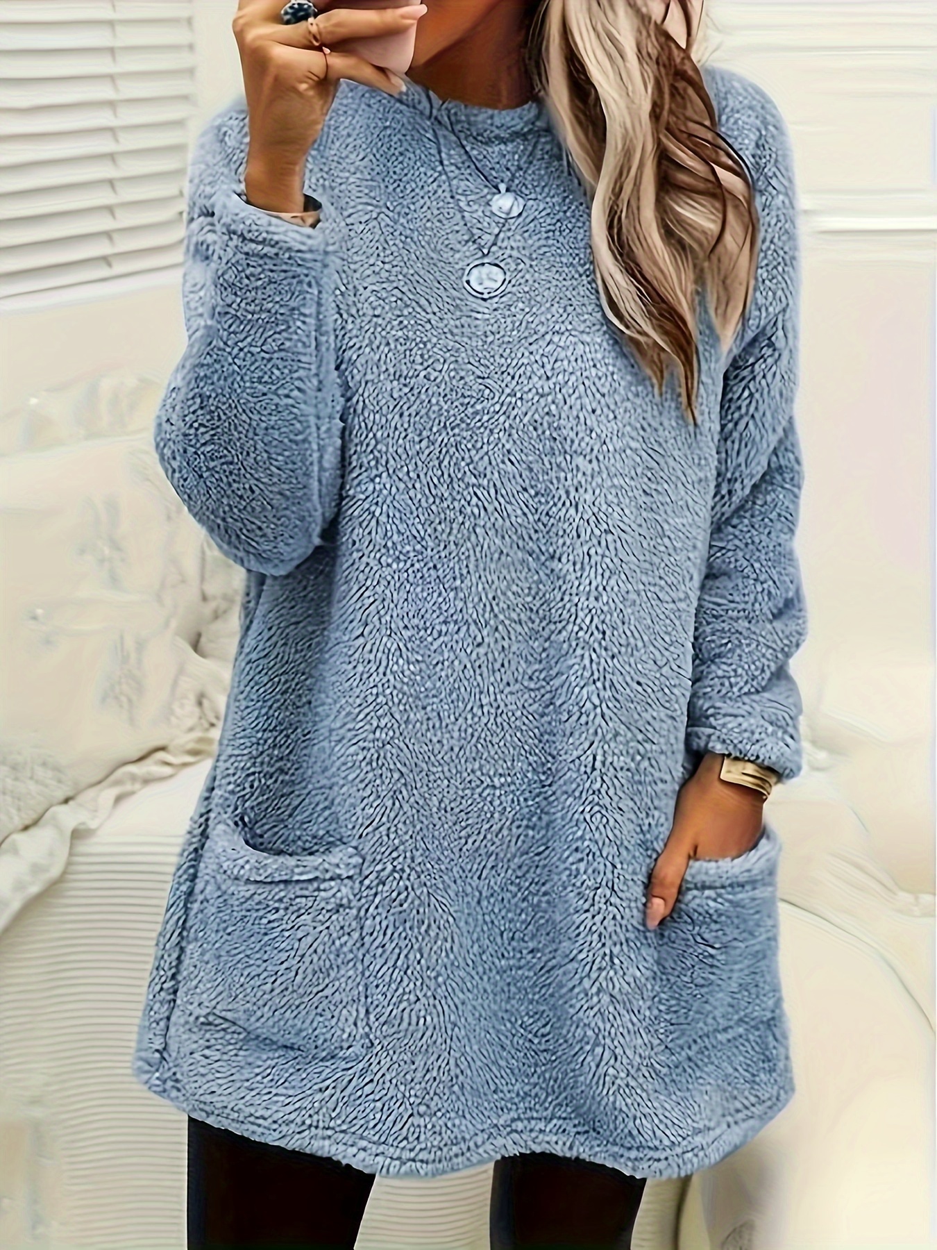 solid fuzzy sweatshirts casual crew neck long sleeve sweatshirt with pockets womens clothing details 1