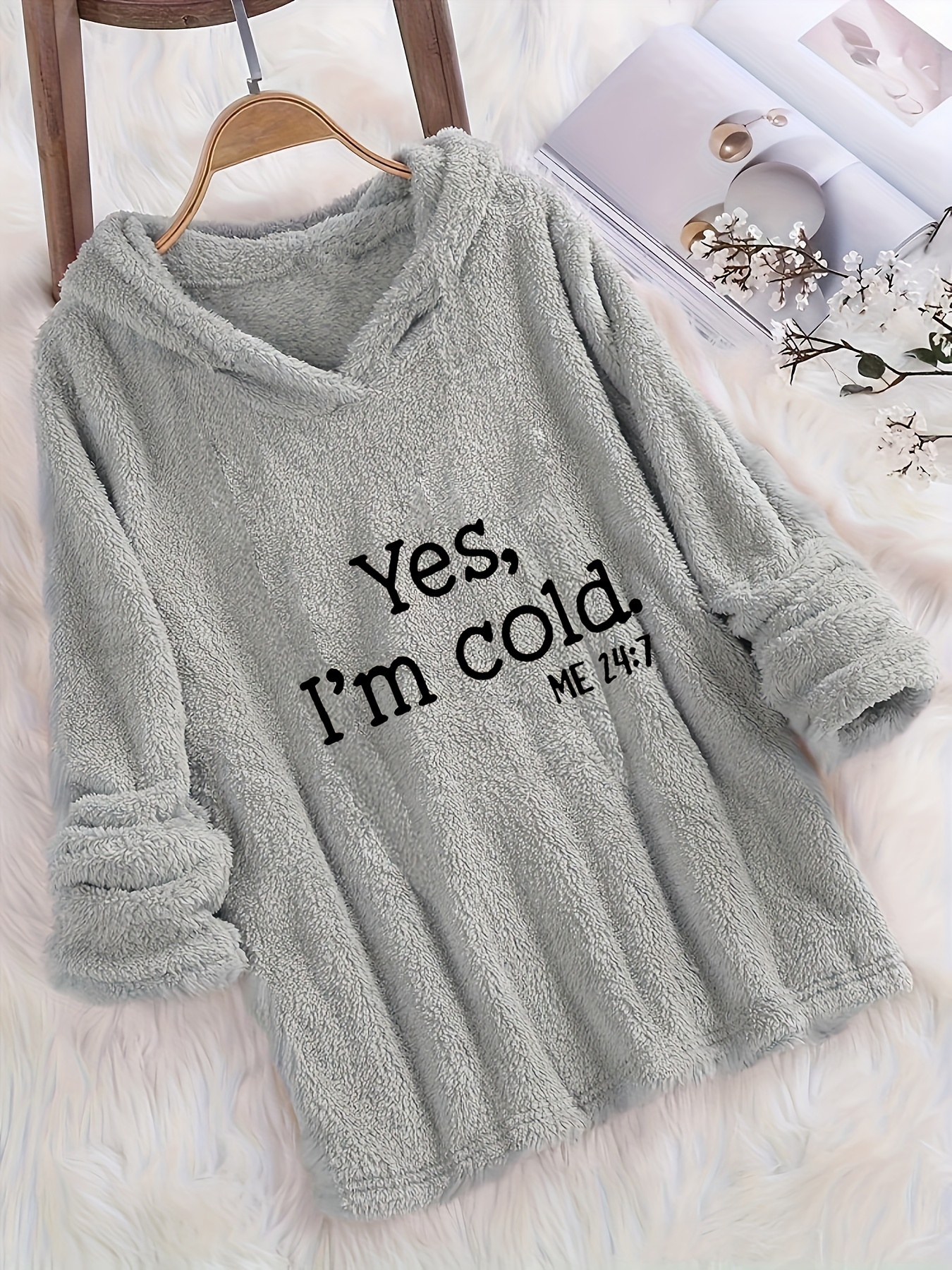 im cold letter print fuzzy hoodie casual long sleeve oversized sweatshirt womens clothing details 1