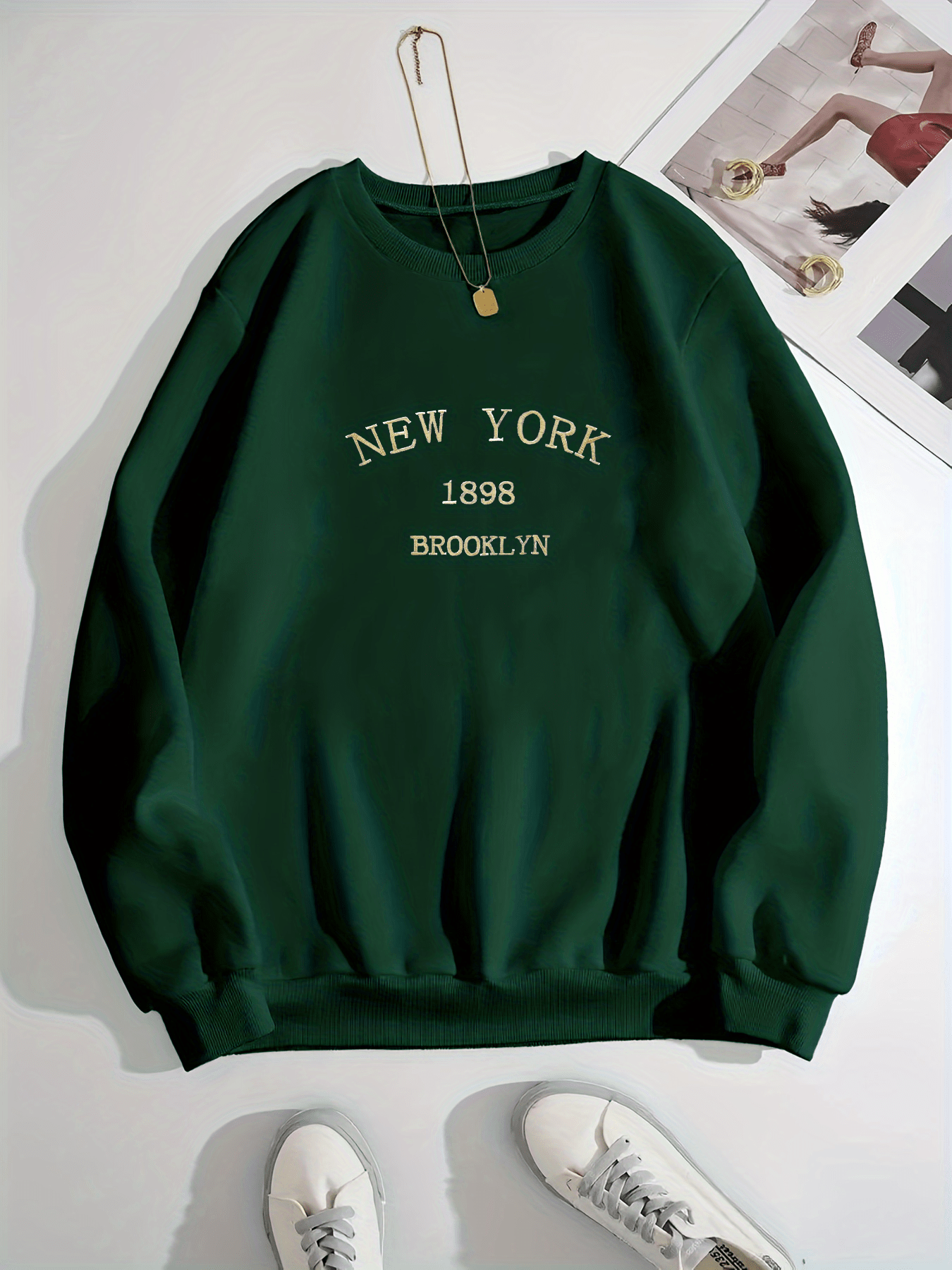 new york brooklyn print loose sweatshirt casual long sleeve crew neck sweatshirt womens clothing details 0