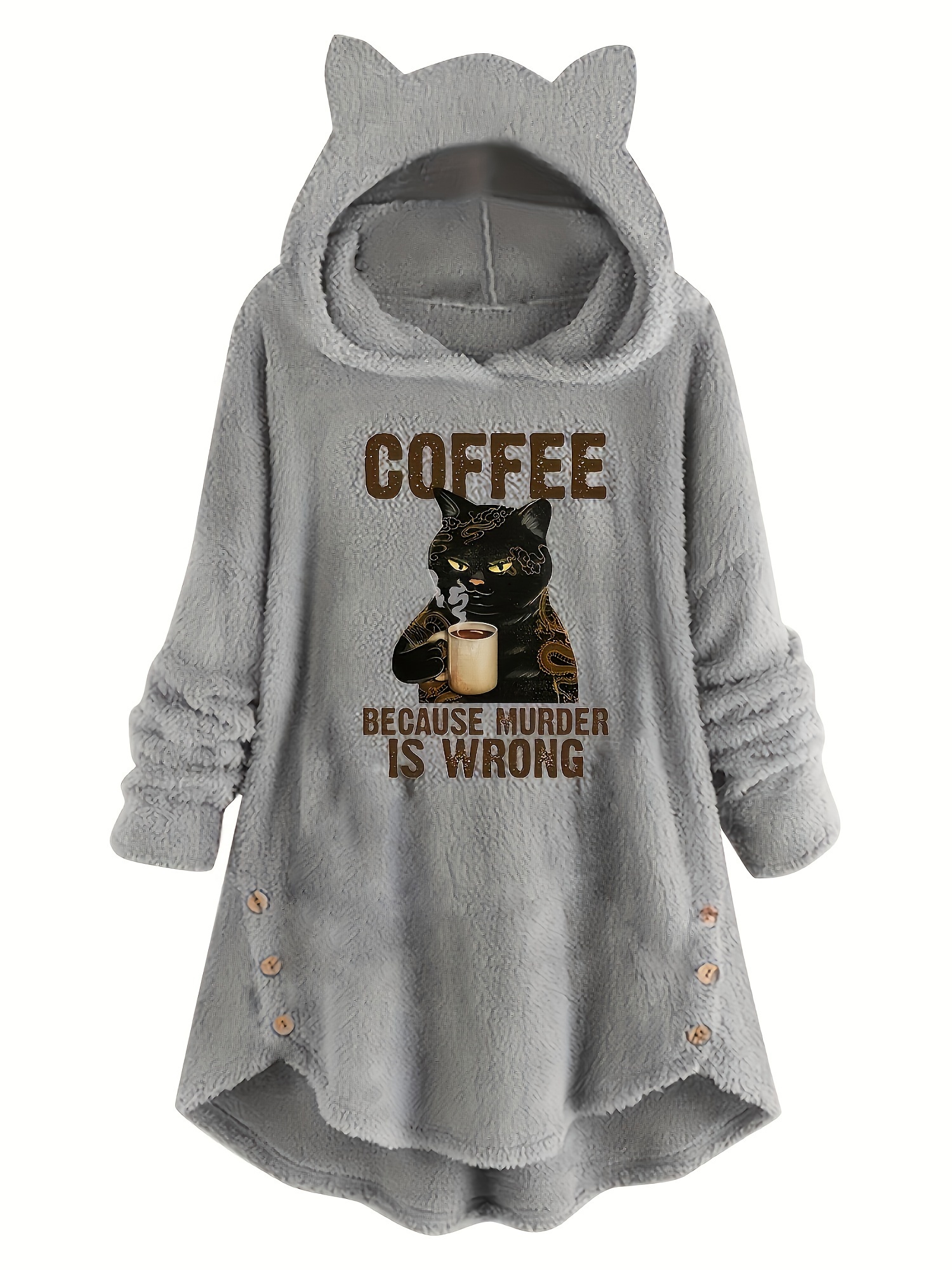 cat slogan print teddy hoodie casual long sleeve button decor hoodie sweatshirt womens clothing details 1