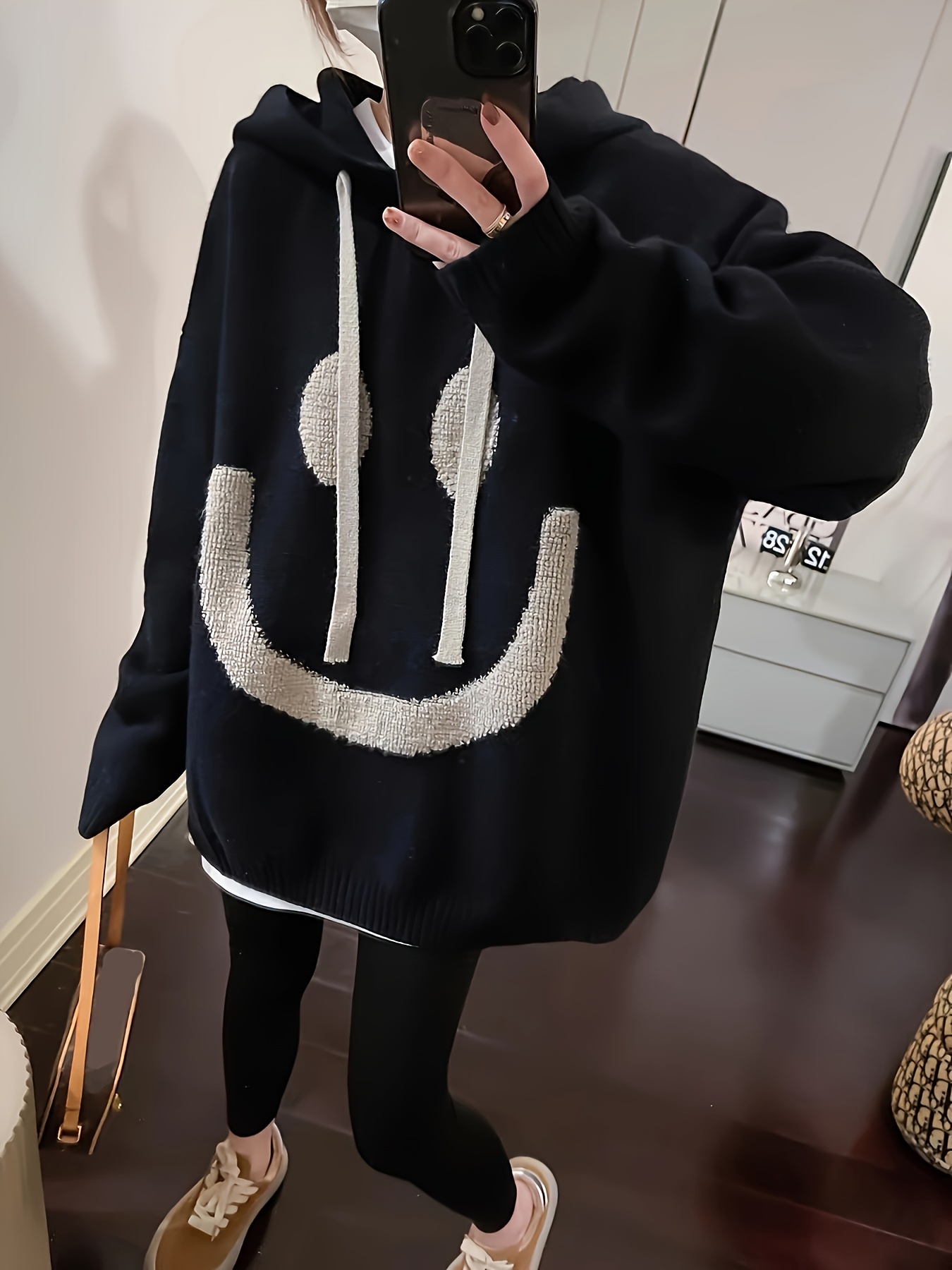 smile face print drawstring hoodie casual long sleeve drop shoulder top womens clothing details 4