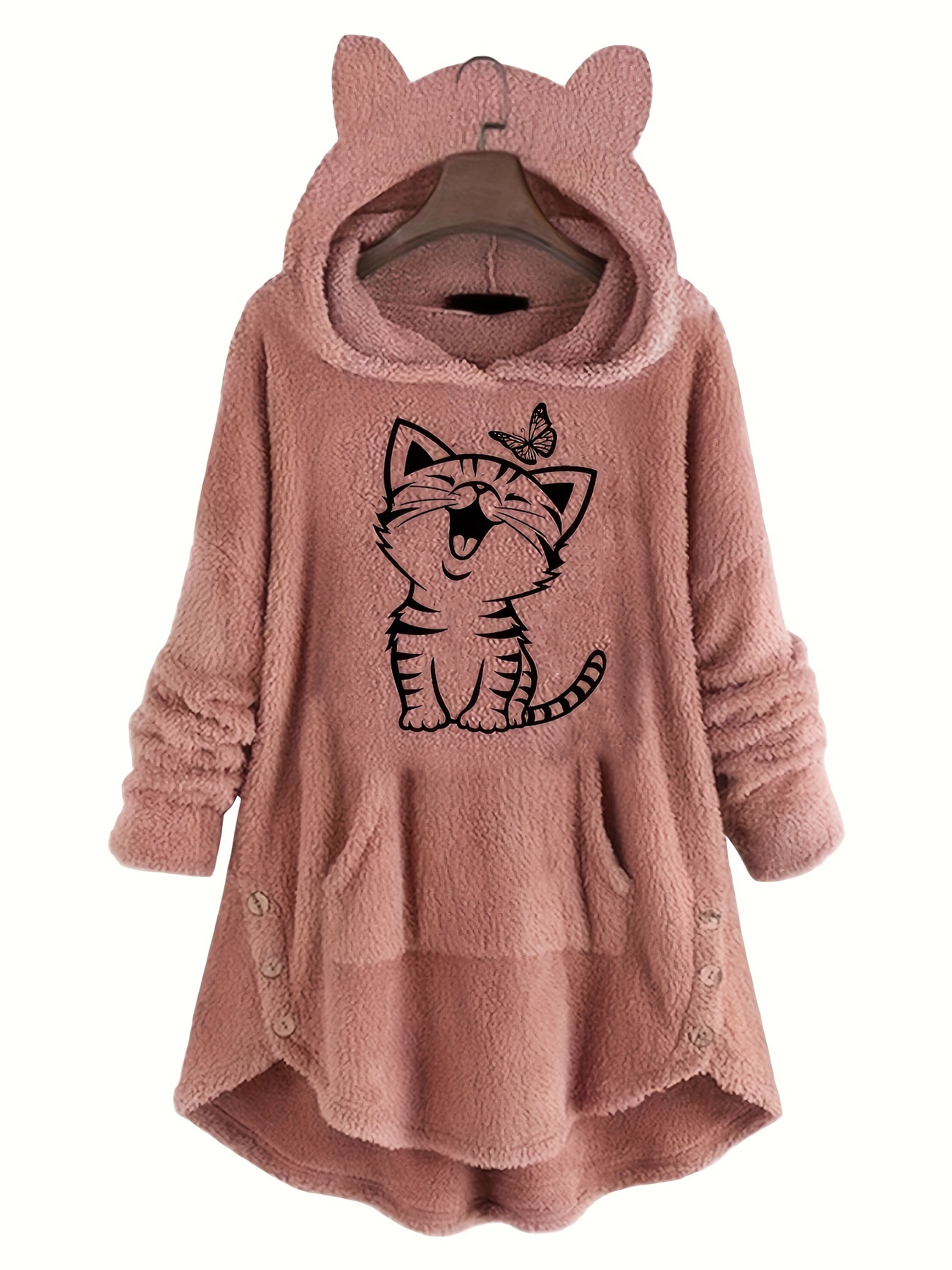 cat butterfly print teddy hoodie casual long sleeve kangaroo pocket hoodie sweatshirt womens clothing details 0