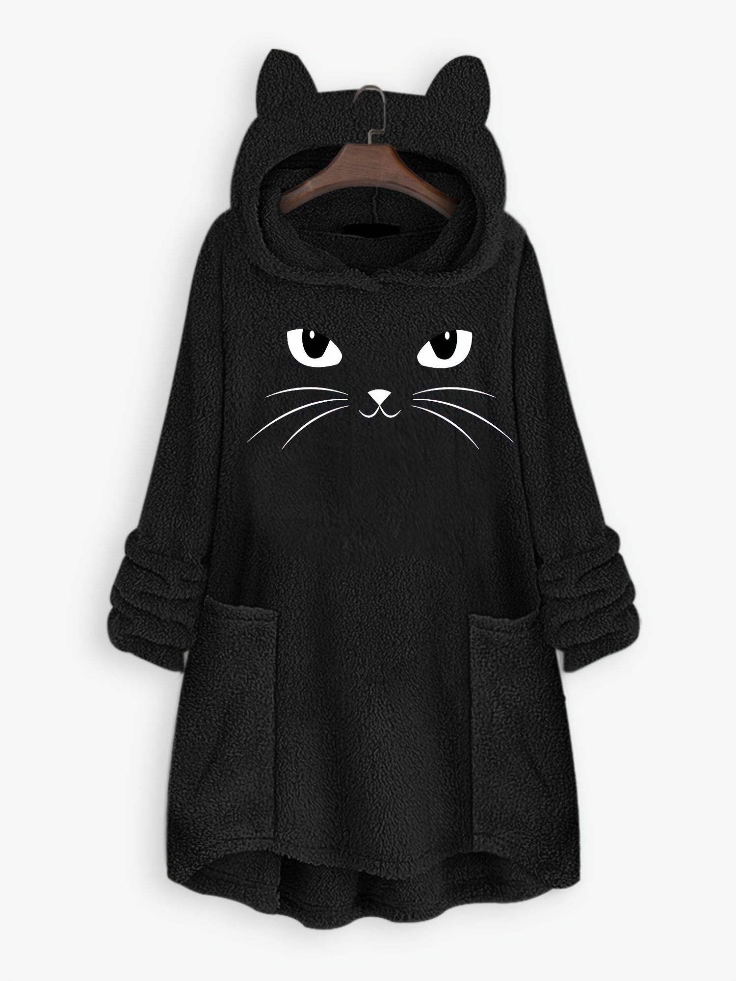 cat print fuzzy hoodie cute long sleeve thermal loose sweatshirt with pocket womens clothing details 0
