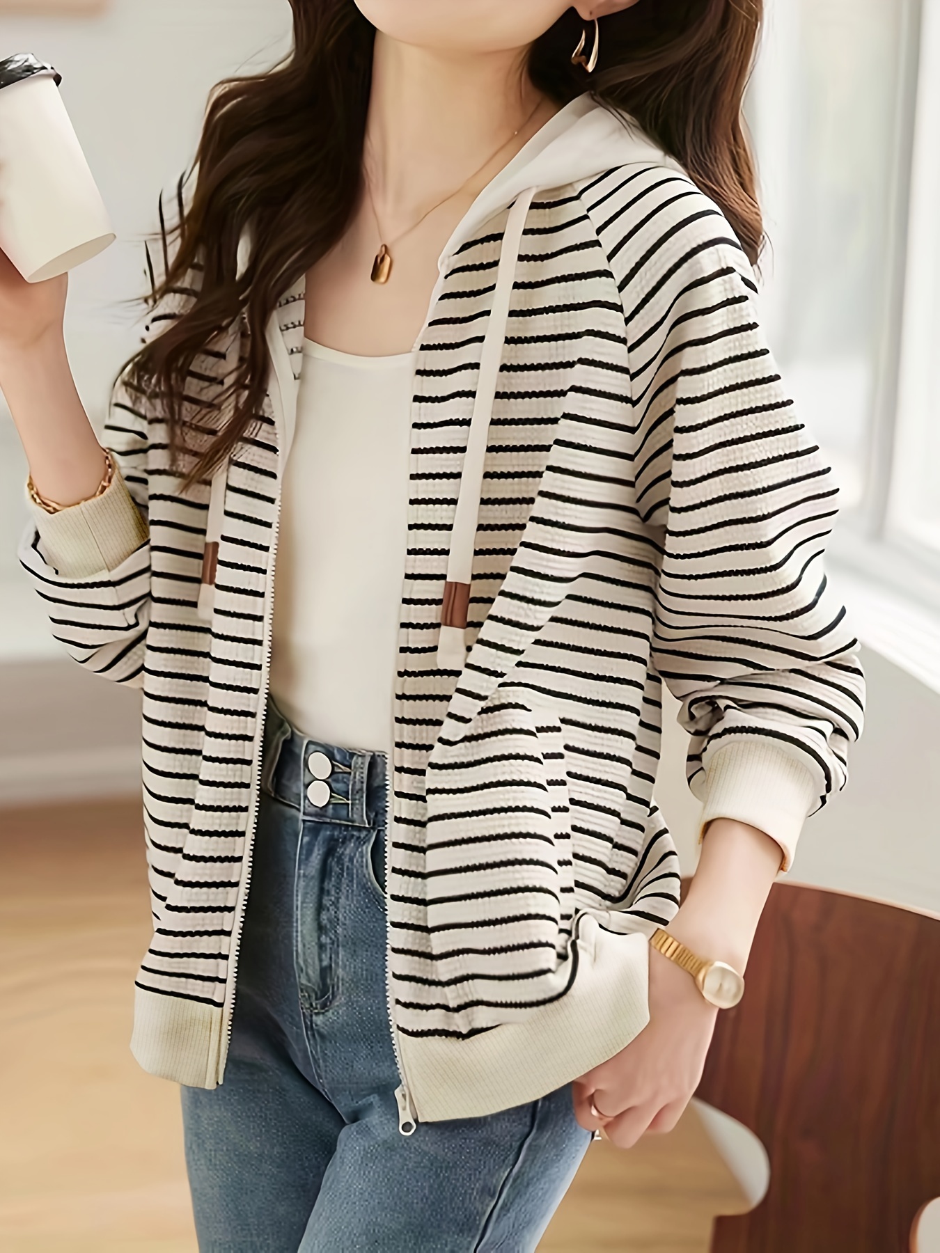 striped zip up hoodie casual long sleeve drawstring hoodies sweatshirt womens clothing details 3