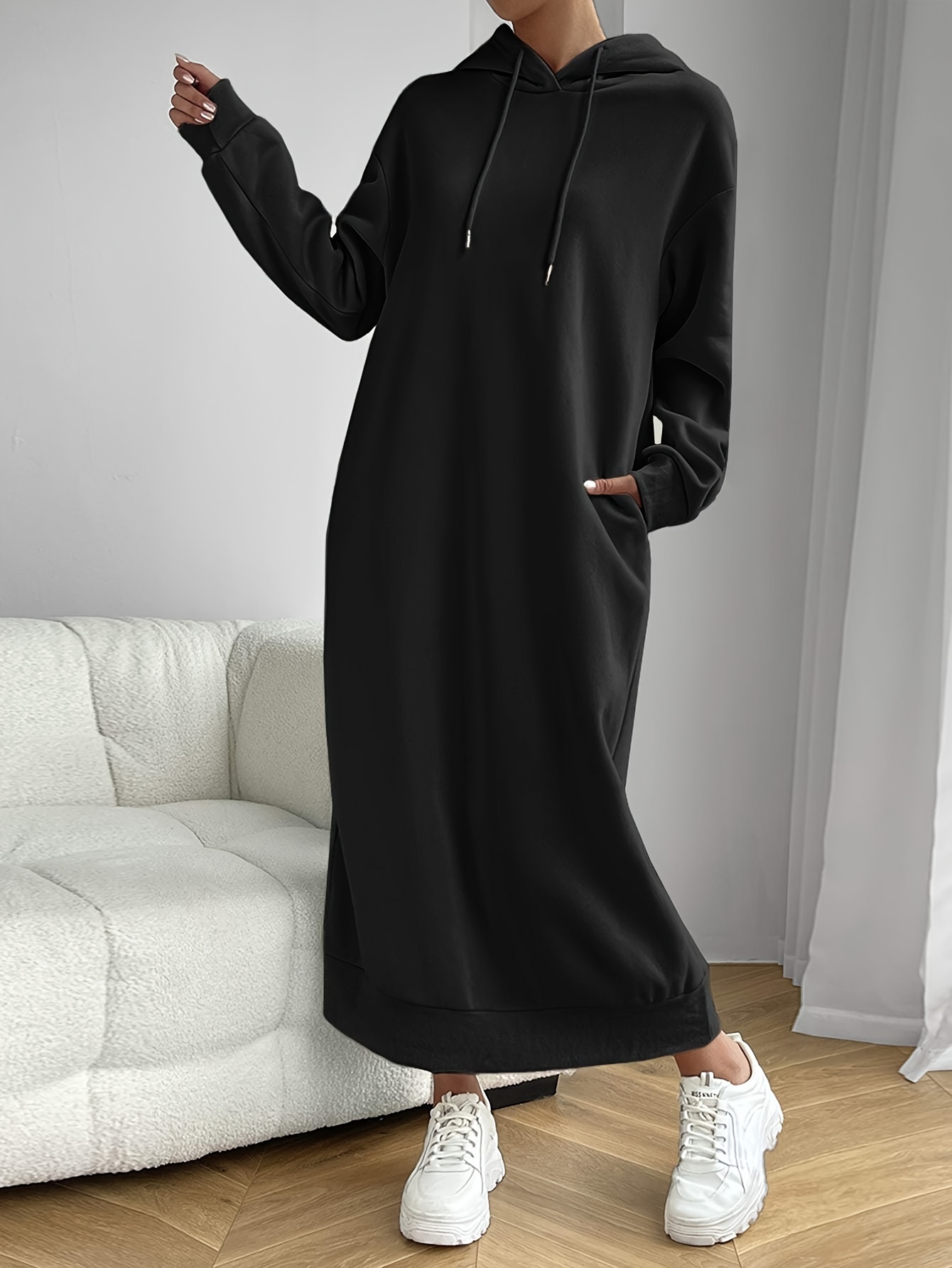 solid drawstring hooded dress casual long sleeve loose dress womens clothing details 0