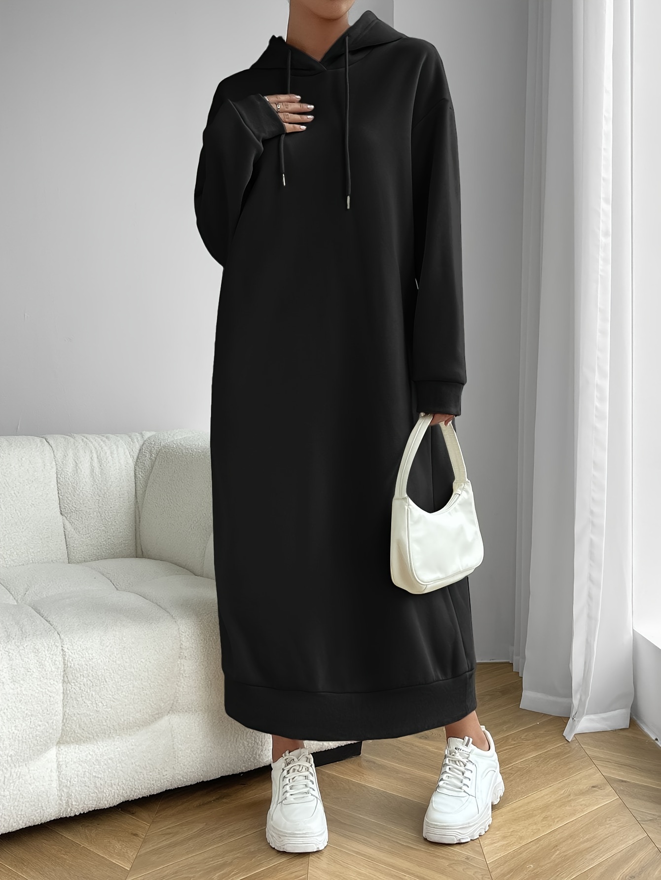 solid drawstring hooded dress casual long sleeve loose dress womens clothing details 2