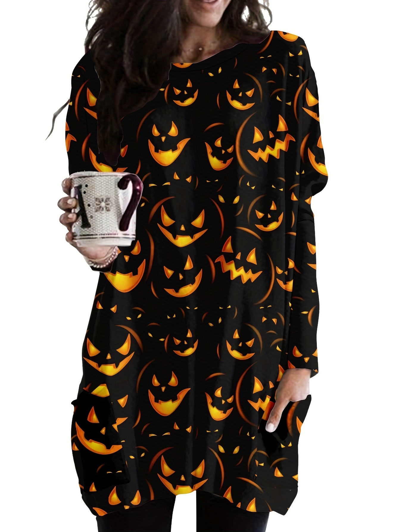 cat print crew neck baggy dress casual long sleeve pocket dress for spring fall womens clothing details 5