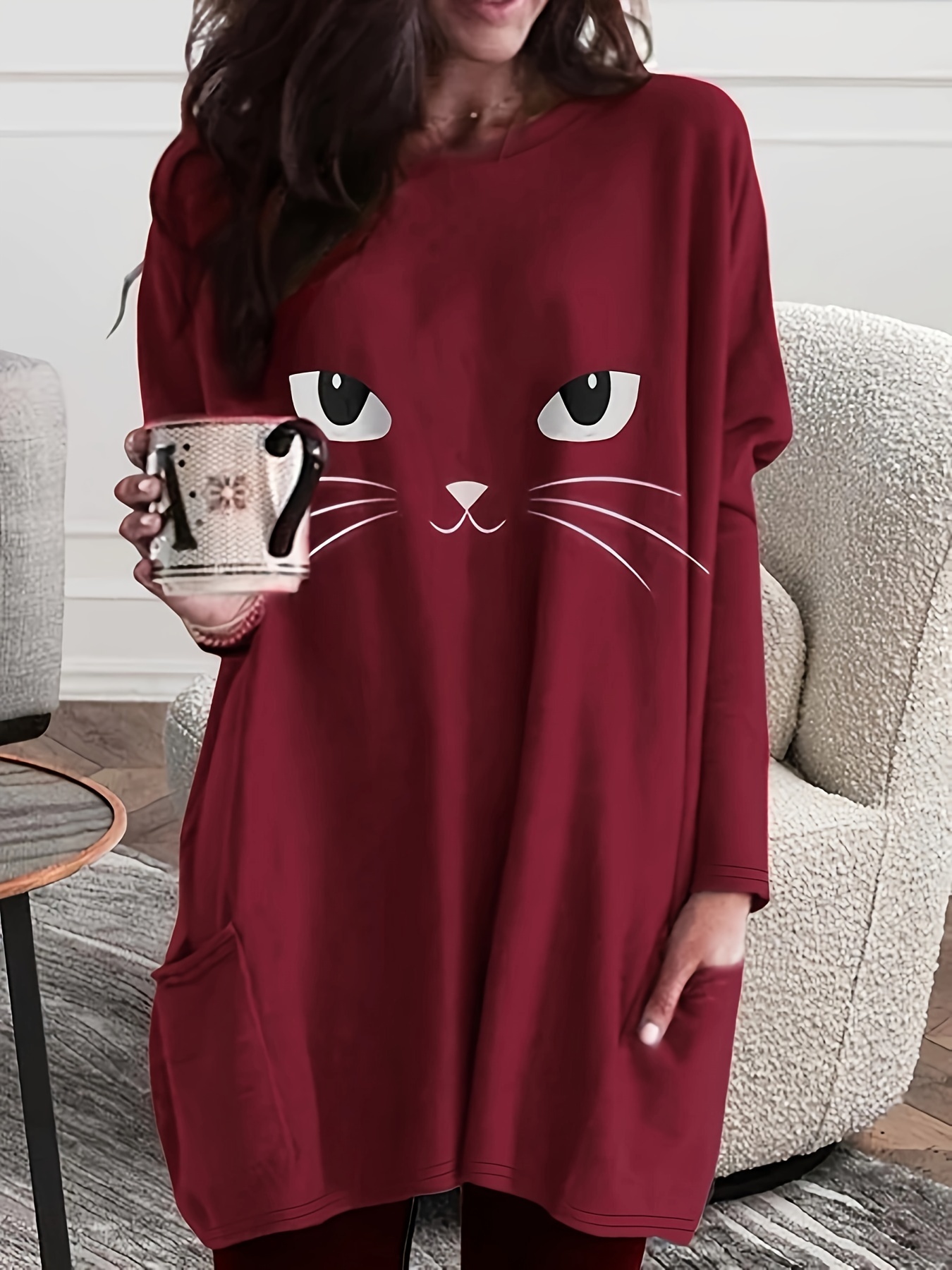 cat print crew neck baggy dress casual long sleeve pocket dress for spring fall womens clothing details 10