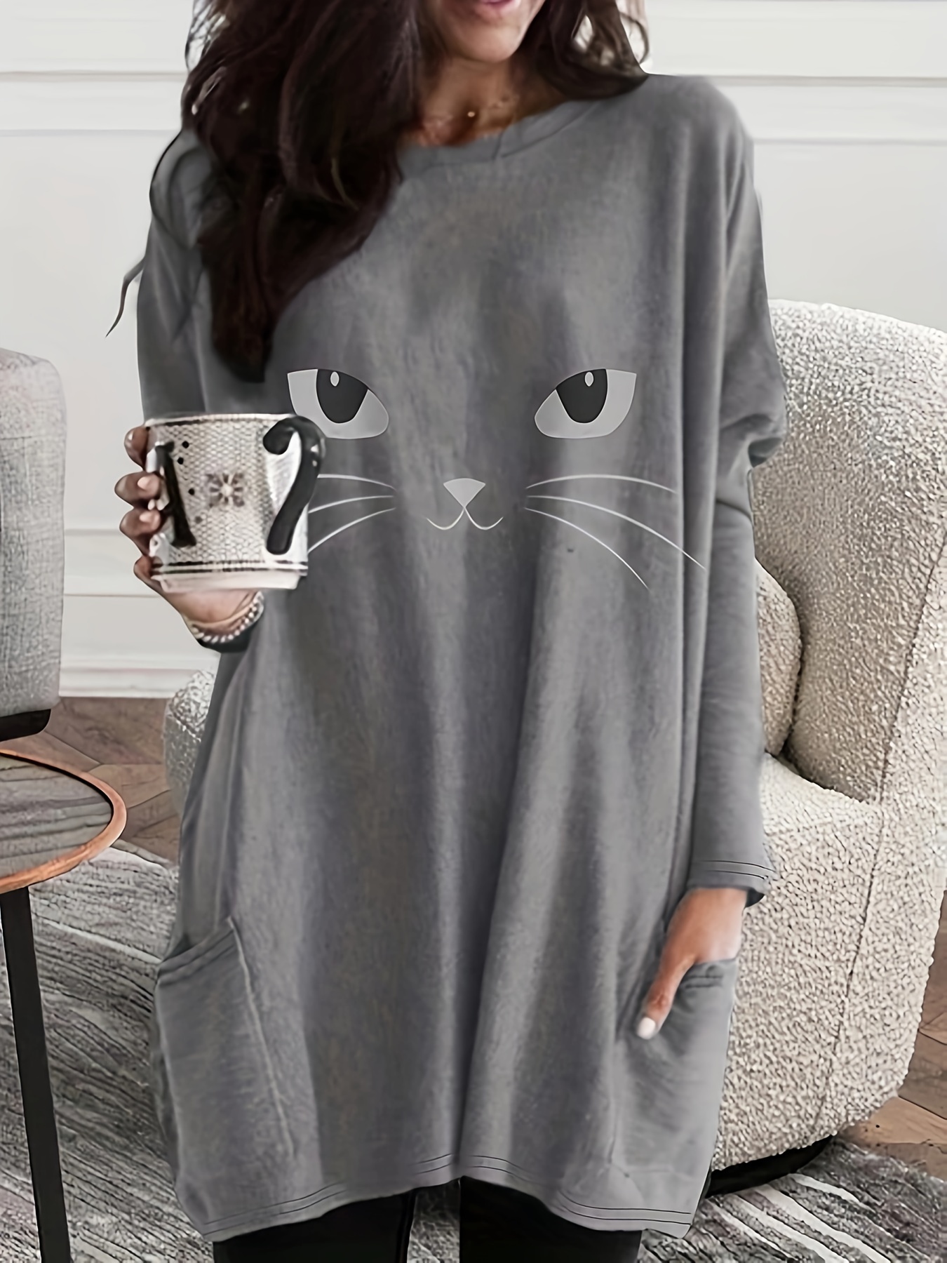 cat print crew neck baggy dress casual long sleeve pocket dress for spring fall womens clothing details 13