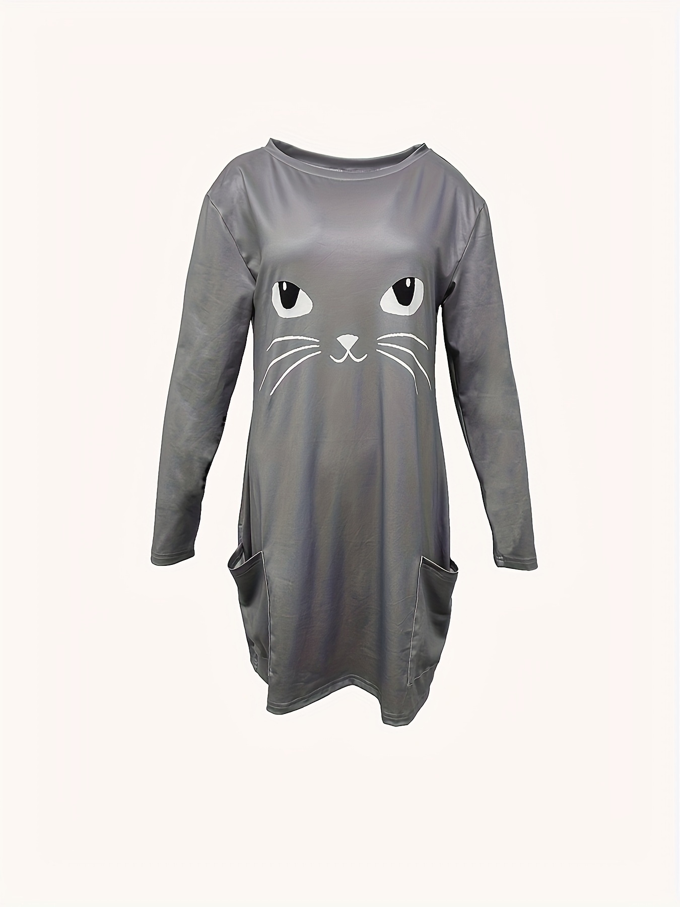cat print crew neck baggy dress casual long sleeve pocket dress for spring fall womens clothing details 15