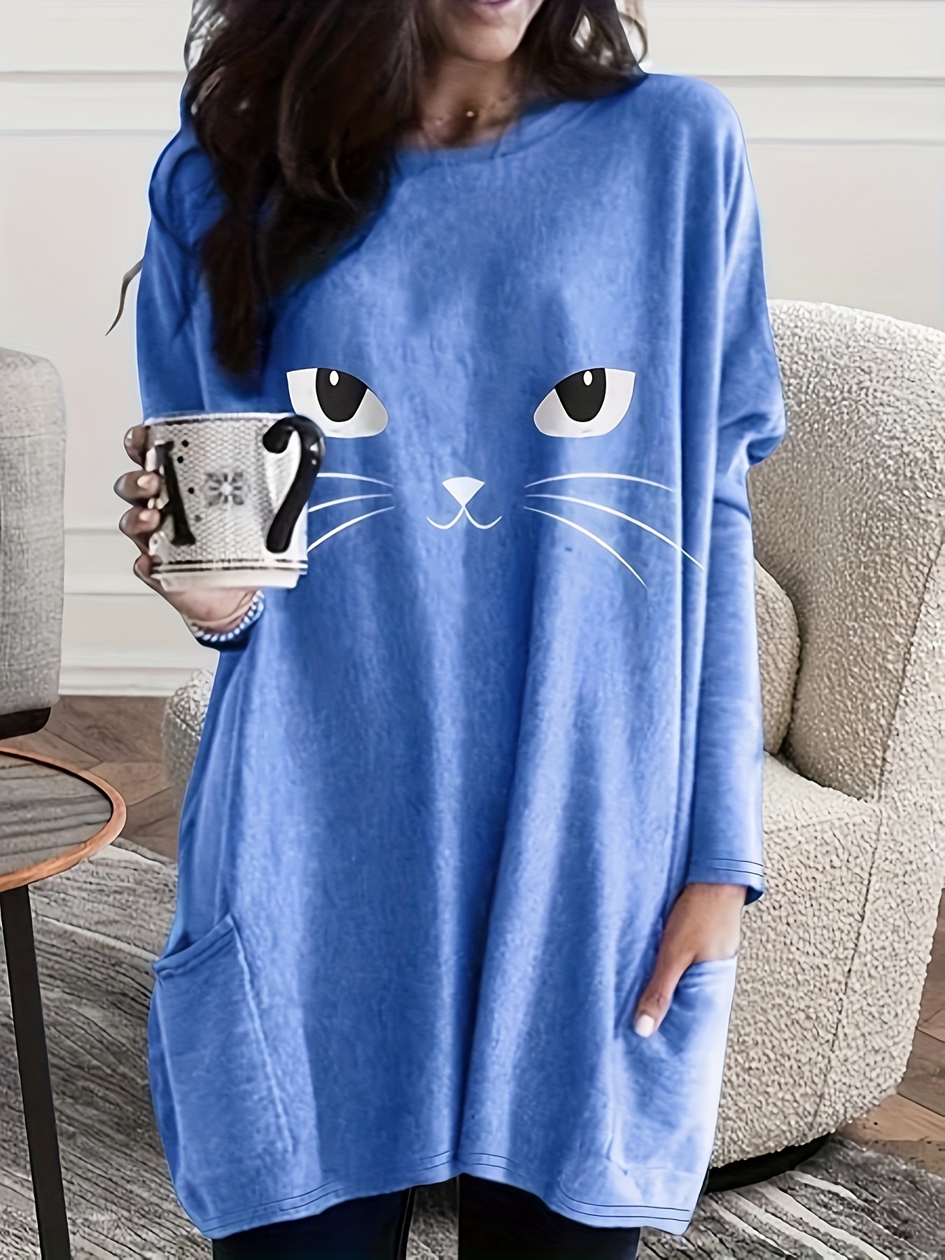 cat print crew neck baggy dress casual long sleeve pocket dress for spring fall womens clothing details 16