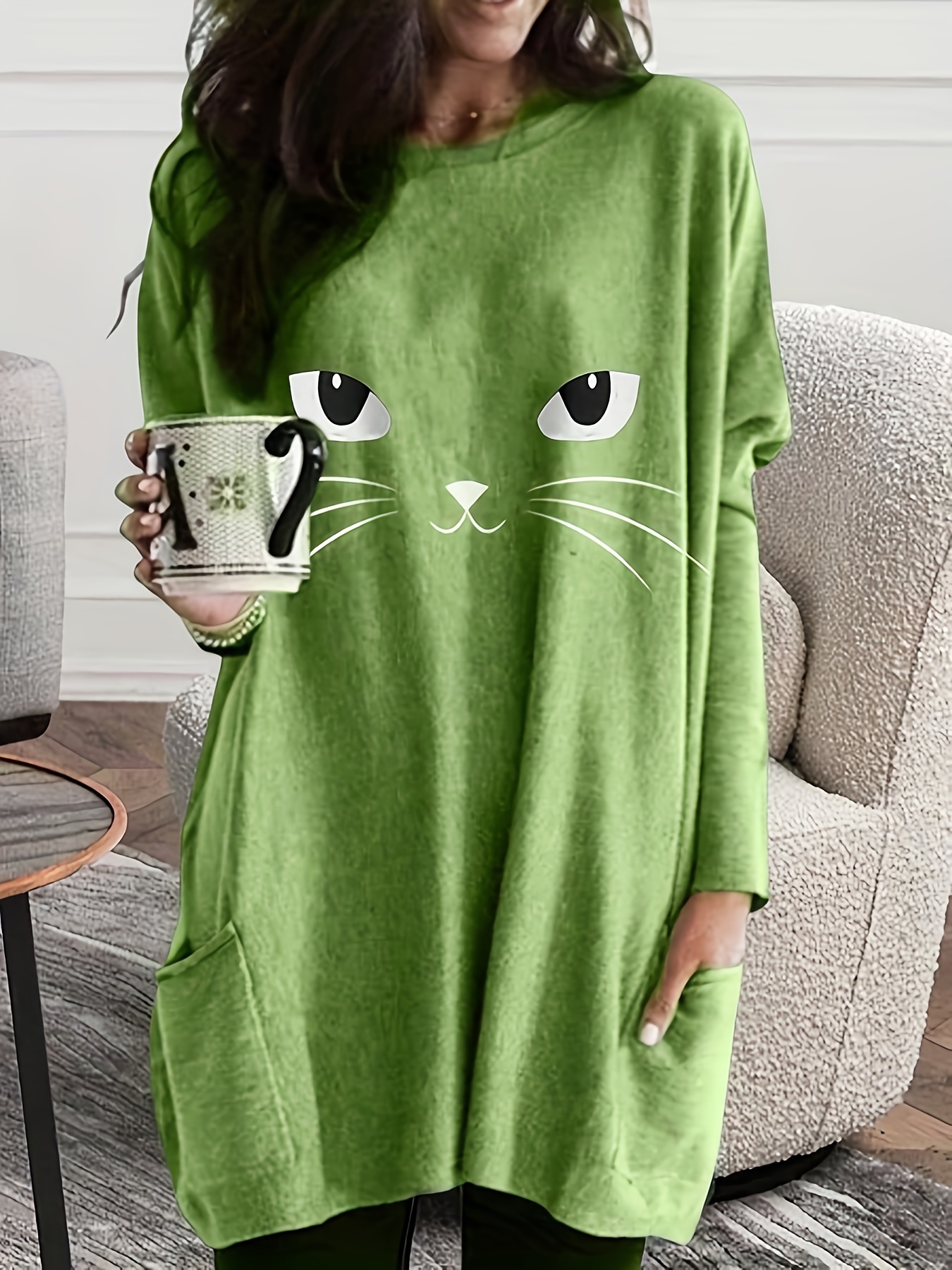 cat print crew neck baggy dress casual long sleeve pocket dress for spring fall womens clothing details 19