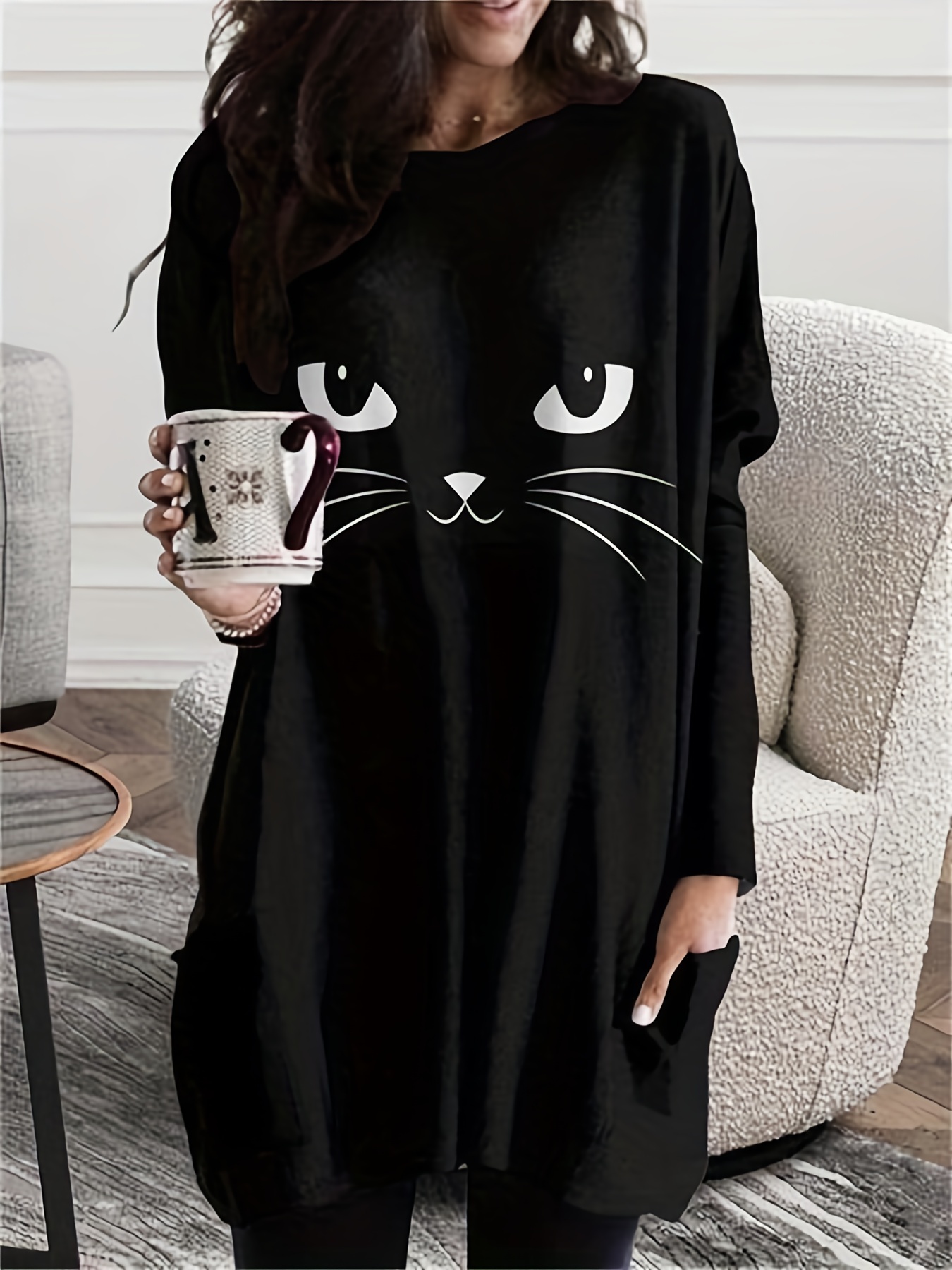 cat print crew neck baggy dress casual long sleeve pocket dress for spring fall womens clothing details 25