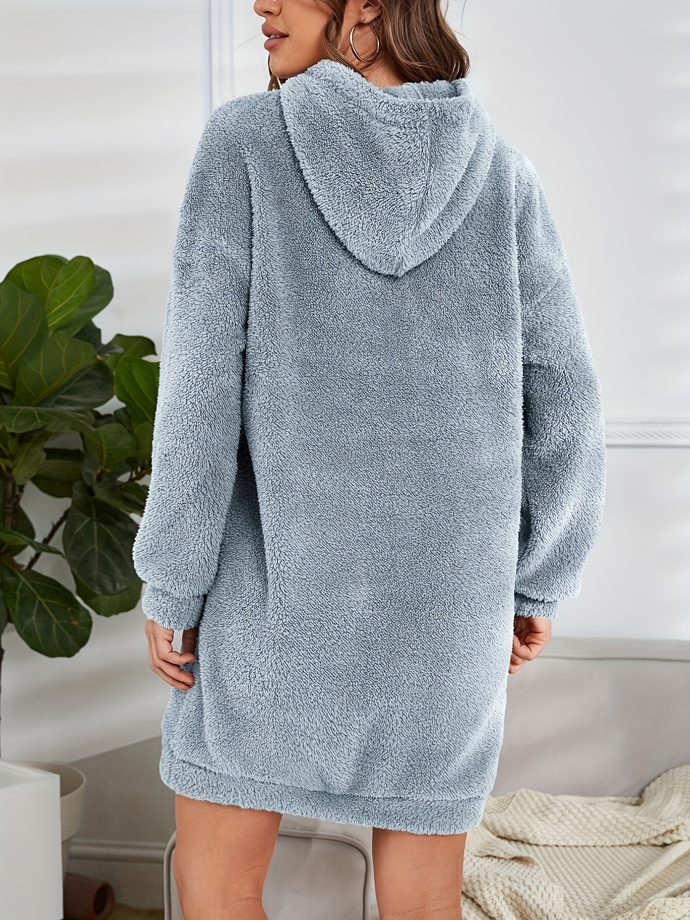 fuzzy solid hooded dress casual long sleeve mini dress womens clothing details 0