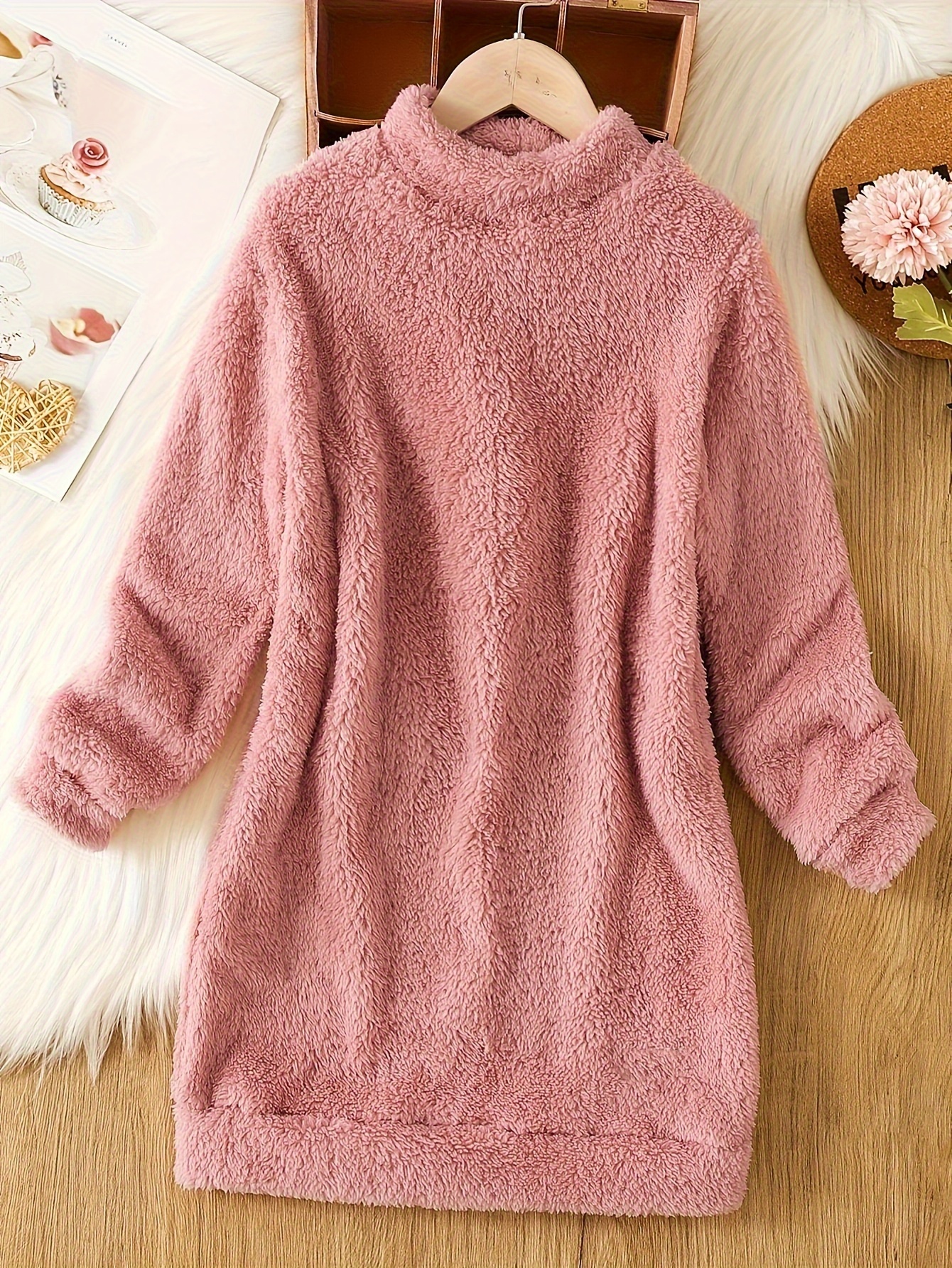 solid fuzzy mock neck dress, solid fuzzy mock neck dress casual long sleeve dress for fall winter womens clothing details 1
