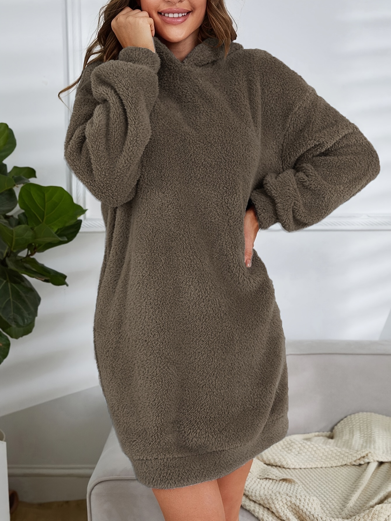 hooded teddy dress, hooded teddy dress casual long sleeve simple warm dress womens clothing details 2