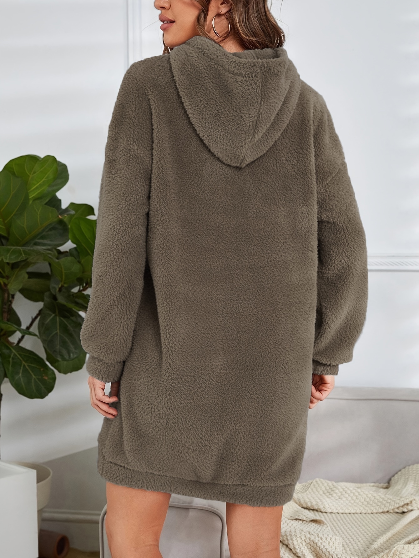 hooded teddy dress, hooded teddy dress casual long sleeve simple warm dress womens clothing details 4