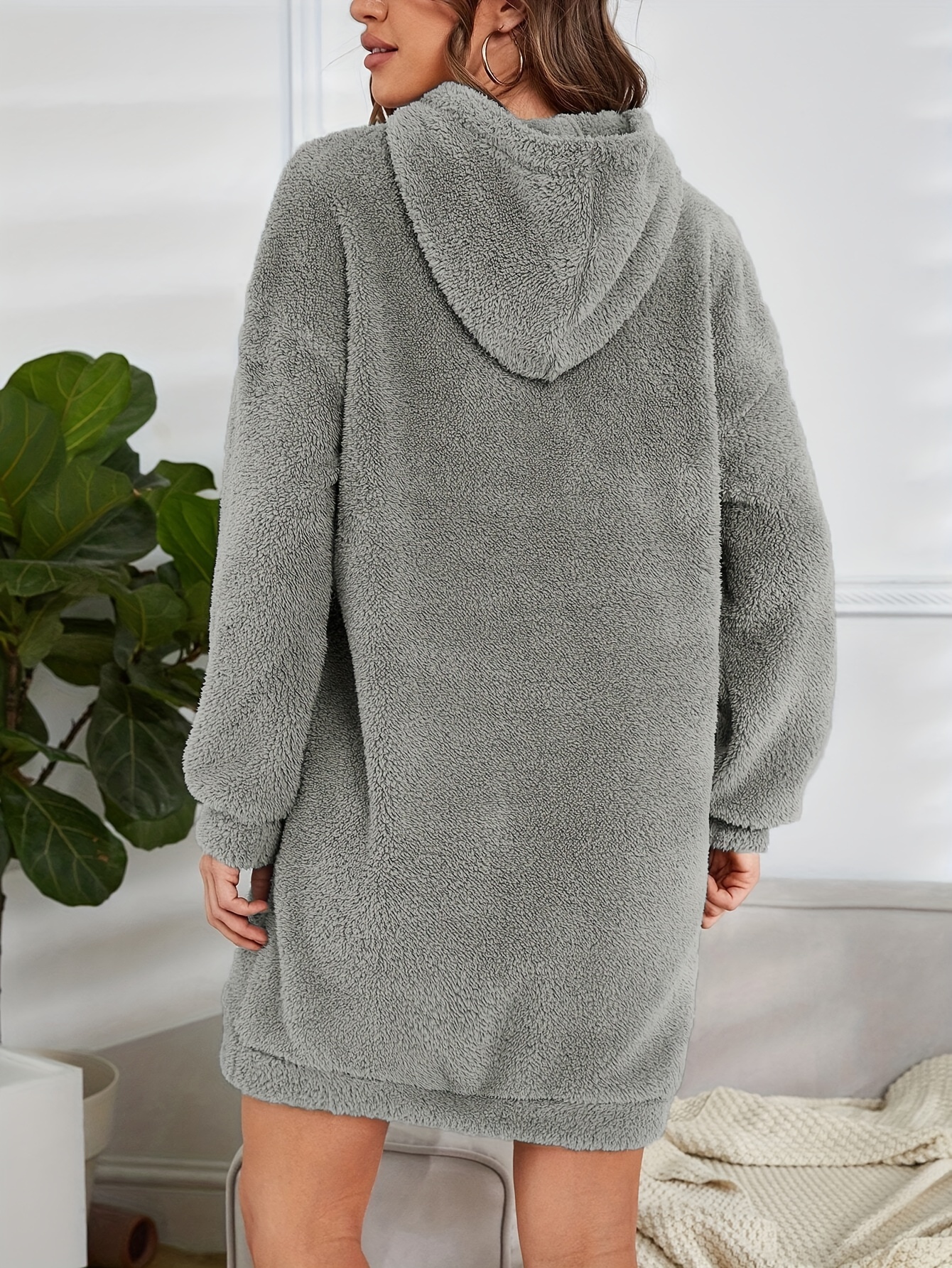 hooded teddy dress, hooded teddy dress casual long sleeve simple warm dress womens clothing details 9